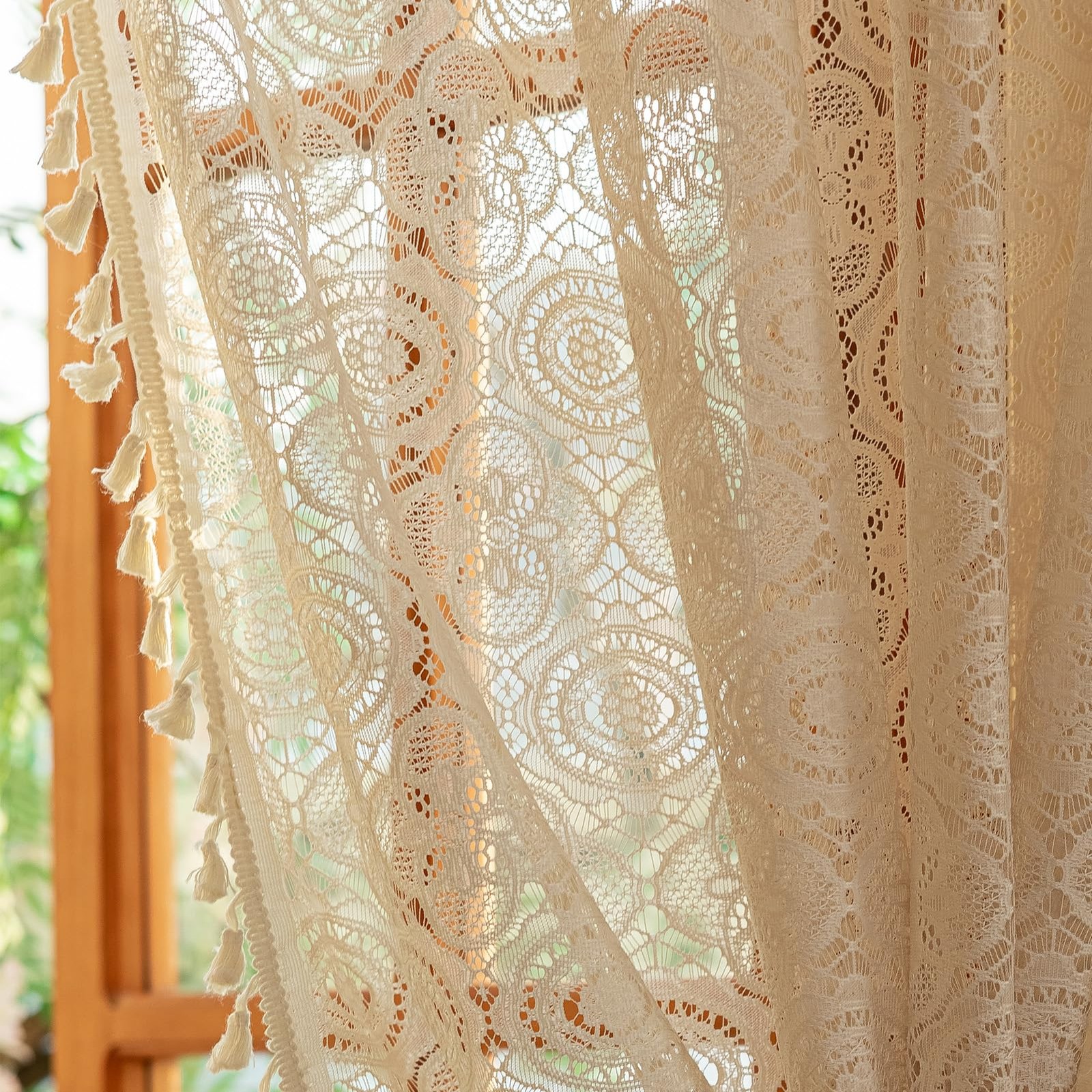 Boho Lace Curtain with Tassels 1 Panel Bohemian Crochet Curtain 84 Inches Lon…