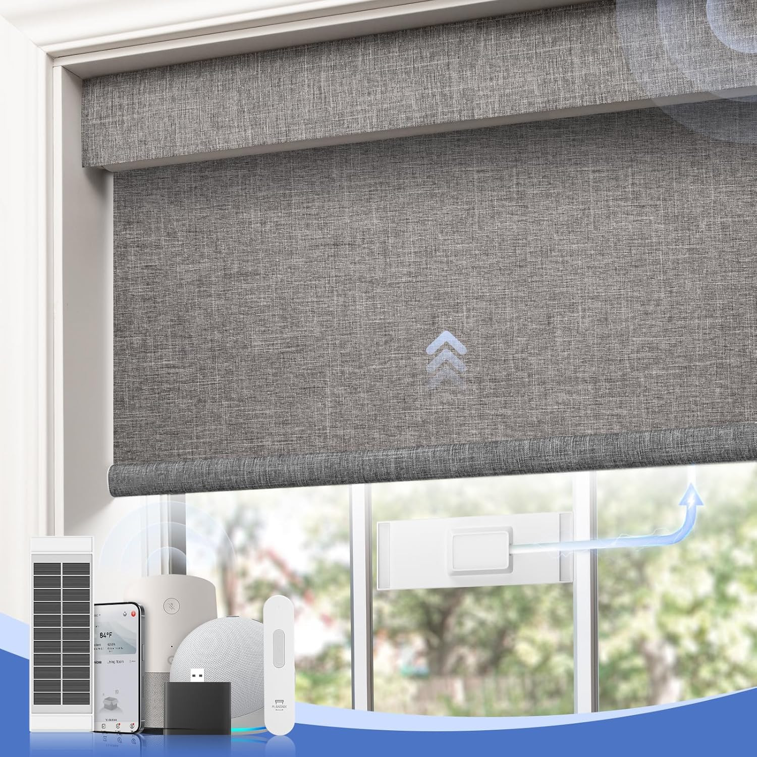 Smart Motorized Blackout Blinds with Remote & Solar Panel, Grey 34×72