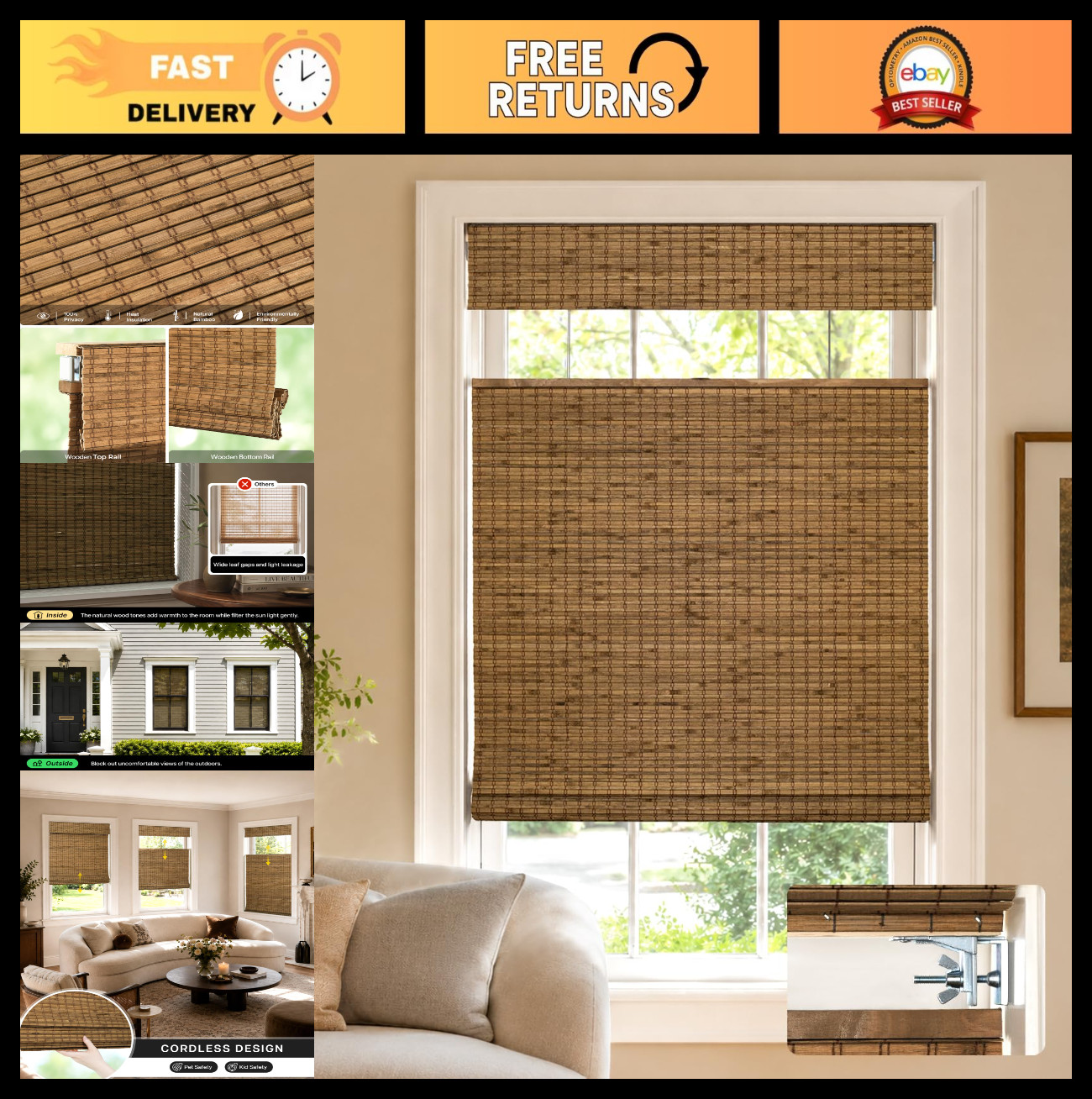 No Drill Bamboo Roman Shades 23″ W x 72″ H, Natural Window Blinds, Teak Finish