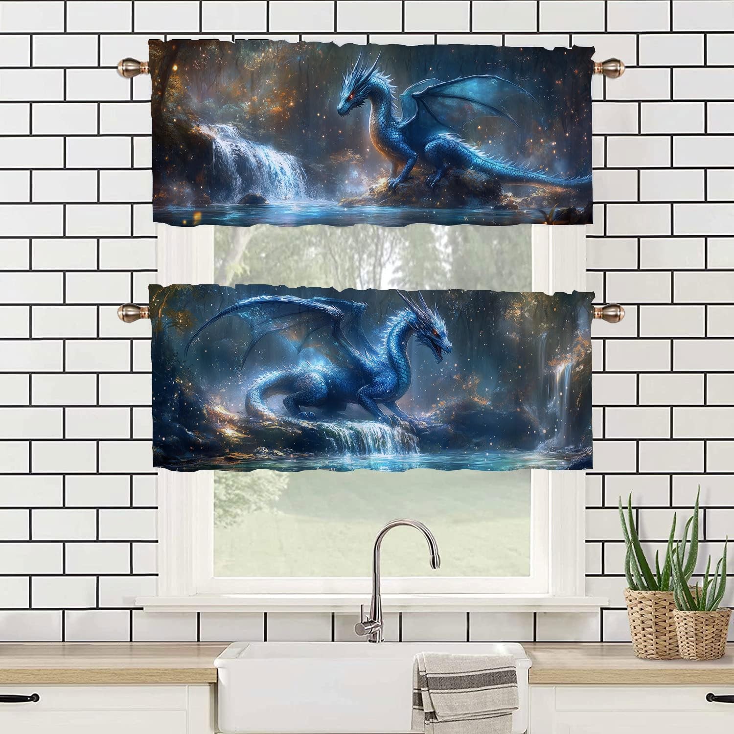 Dragon Forest Kitchen Curtains 2 Pack Fantasy Theme Magic Animal Rod Pocket D…