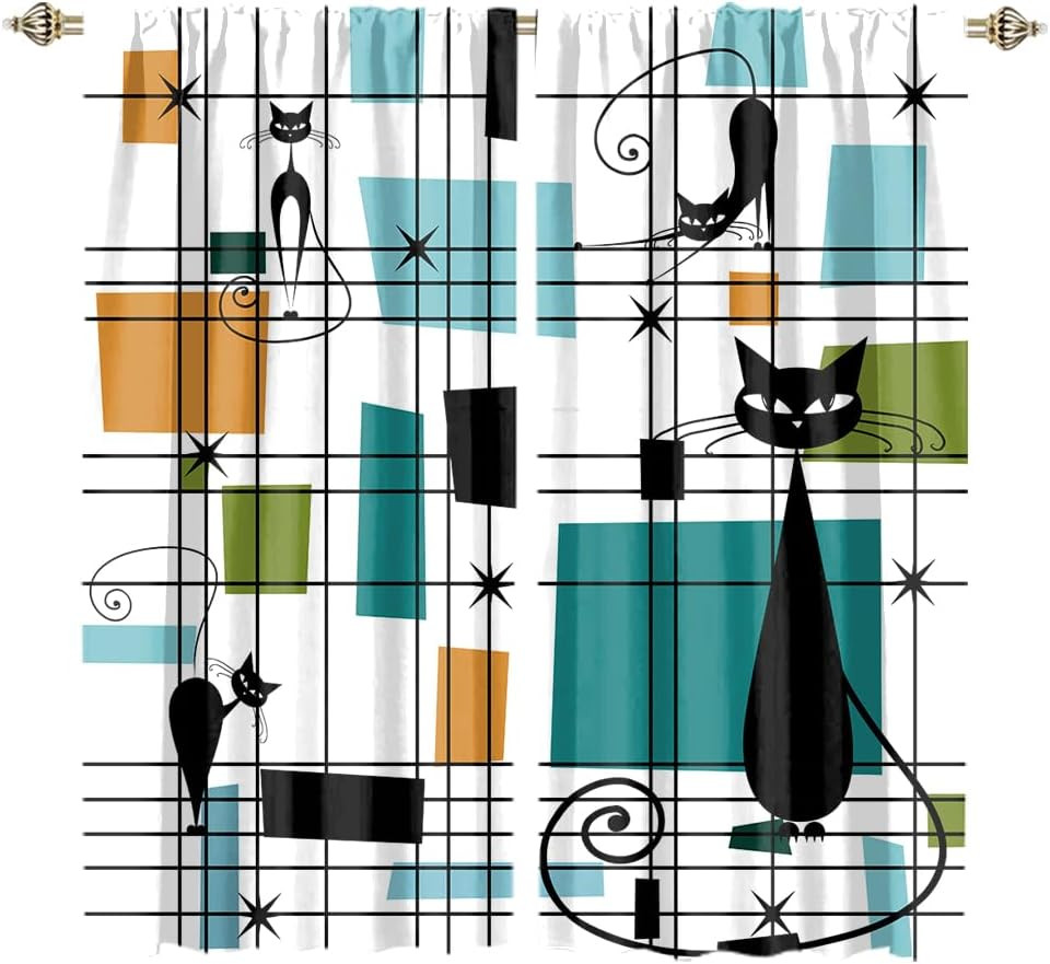 Modern Mid Century Black Cat Blackout Curtains,Abstract Rainbow Colorful Geometr