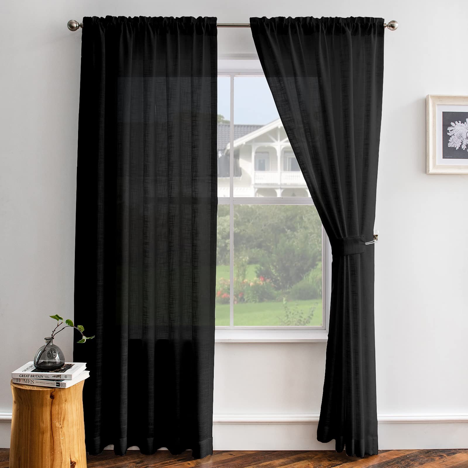 Melodieux Black Linen Textured Semi Sheer Curtains 63 Inch Length For Bedroom