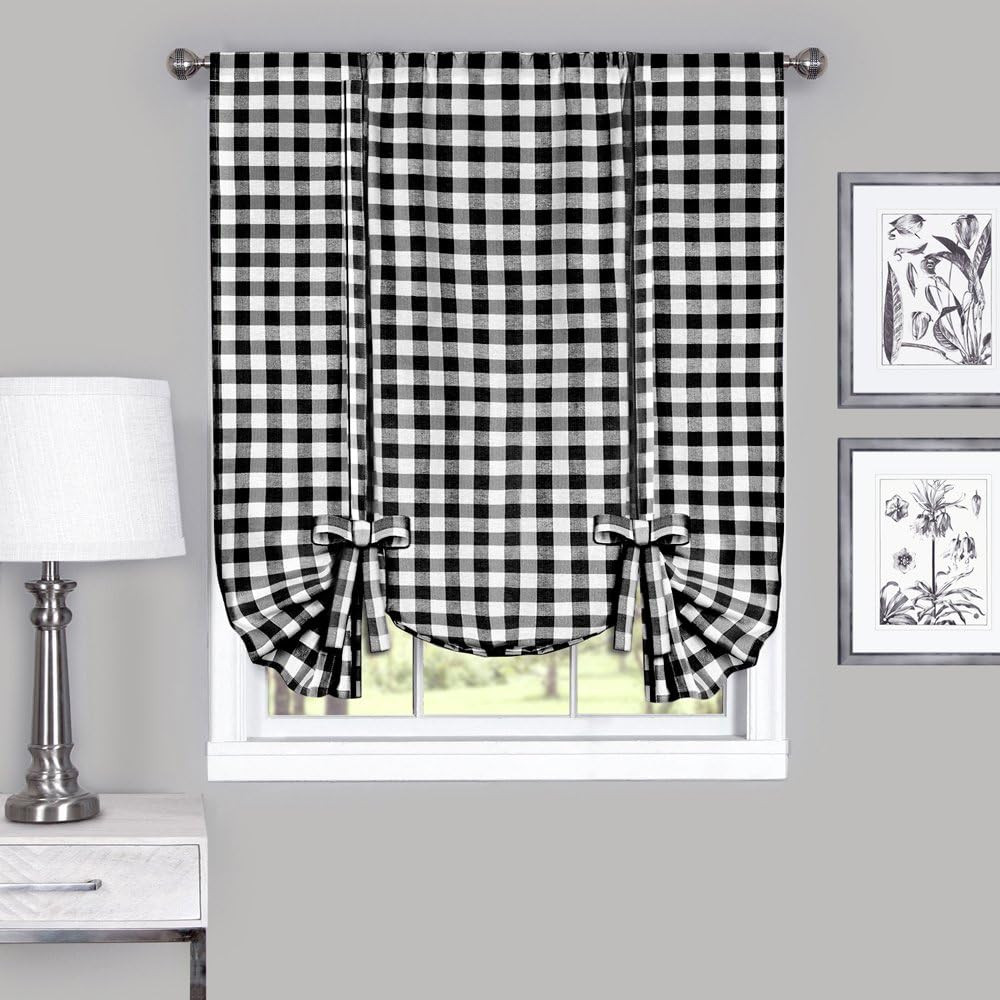 Buffalo Check Panel Window Curtain – 42 Inch Width, 84 Inch Length – Black & Whi