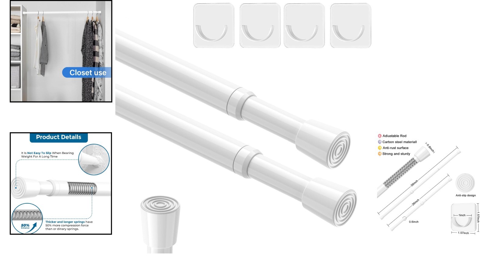 Versatile Spring Tension Rods 2Pcs Set – Adjustable 26-39 Inch, White Finish