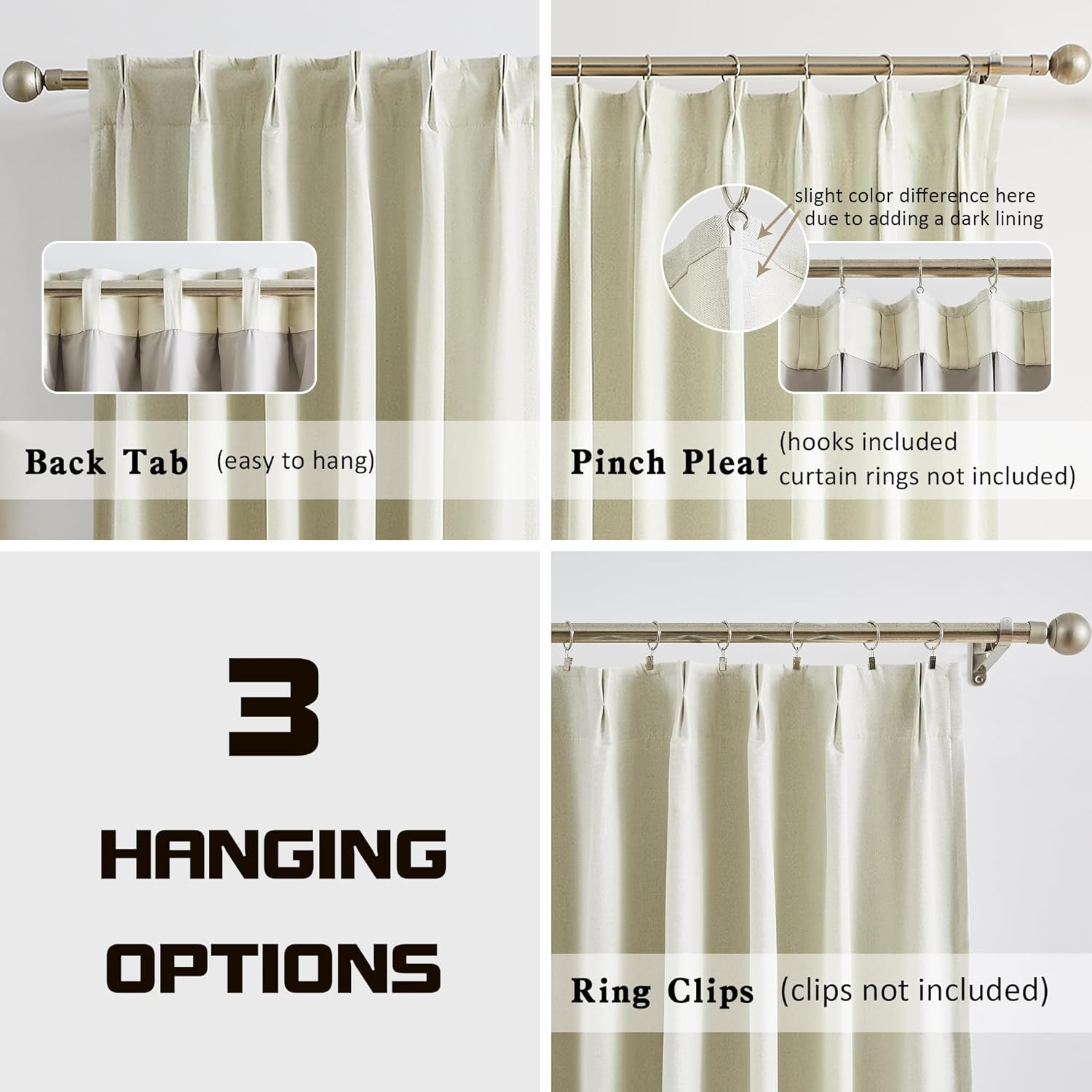 Blackout Pleated Curtains 102″ Length, Cream Beige, 2 Panels