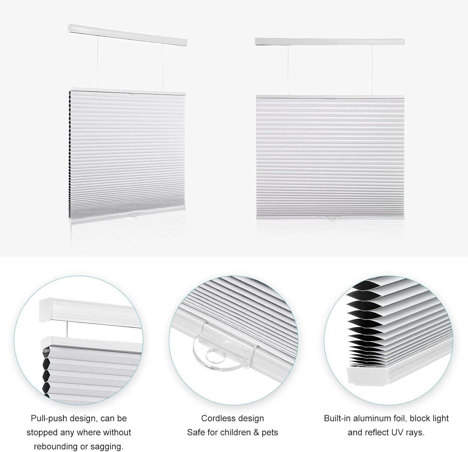 Cordless Blackout Cellular Shades – Room Darkening Blinds 46″ W x 72″ H White
