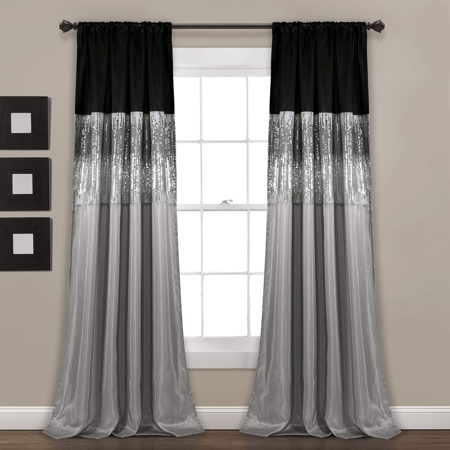 Glam Night Sky Sequin Curtain Panel, 42″ W x 108″ L, Black & Gray
