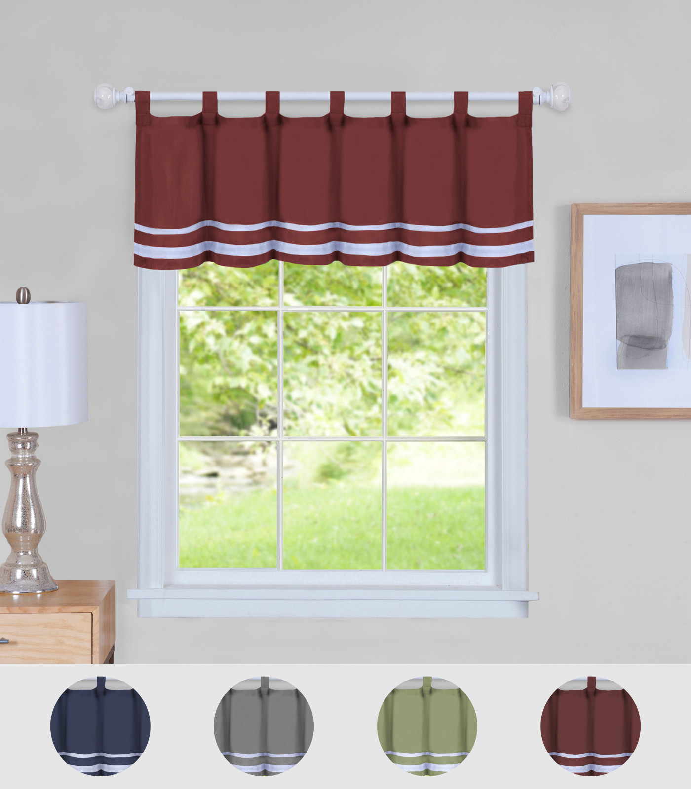 PowerSellerUSA Dakota Double White Band 58″ x 14″ Tab Top Window Kitchen Valance