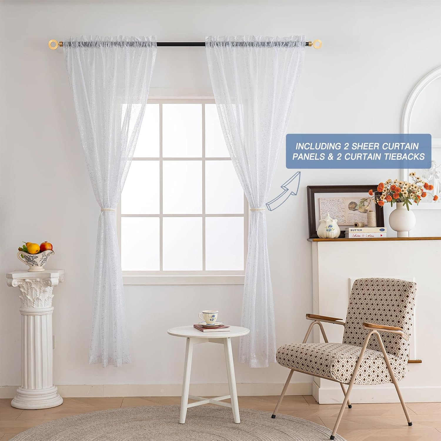 Foil White Sheer Curtains for Living Room 84 Inches Long 2 Panels Set, Modern Si