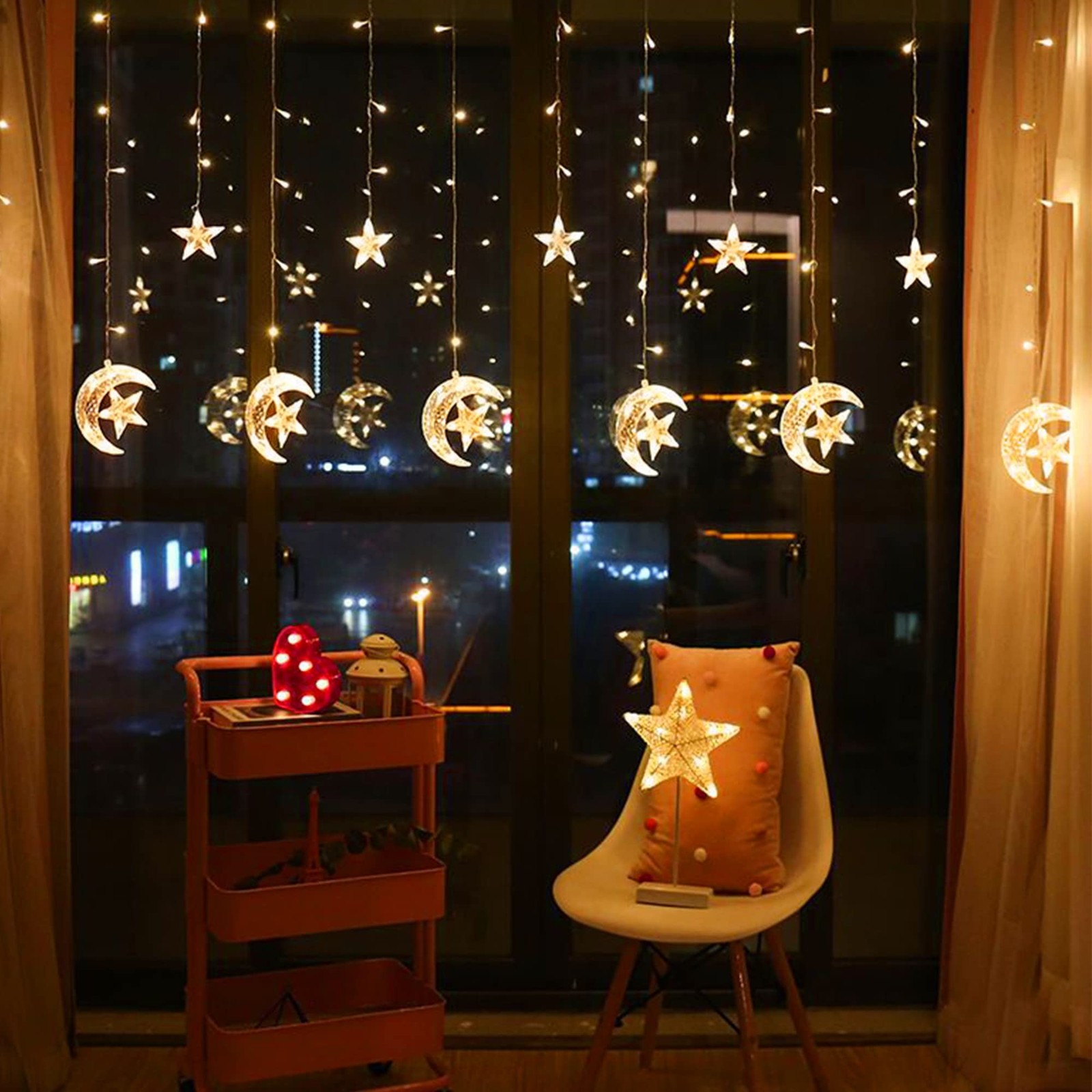 138 LED Star Moon Curtain String Light USB Remote 8 Mode Warm White Decor