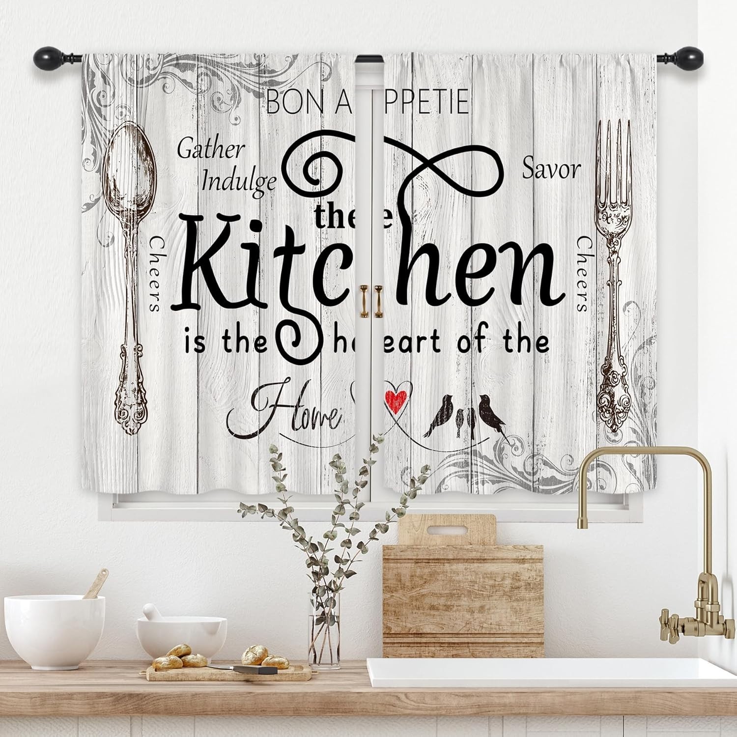 Riyidecor Kitchen Curtains Rustic Farmhouse 55×39 Inch Rod Pocket Country Short