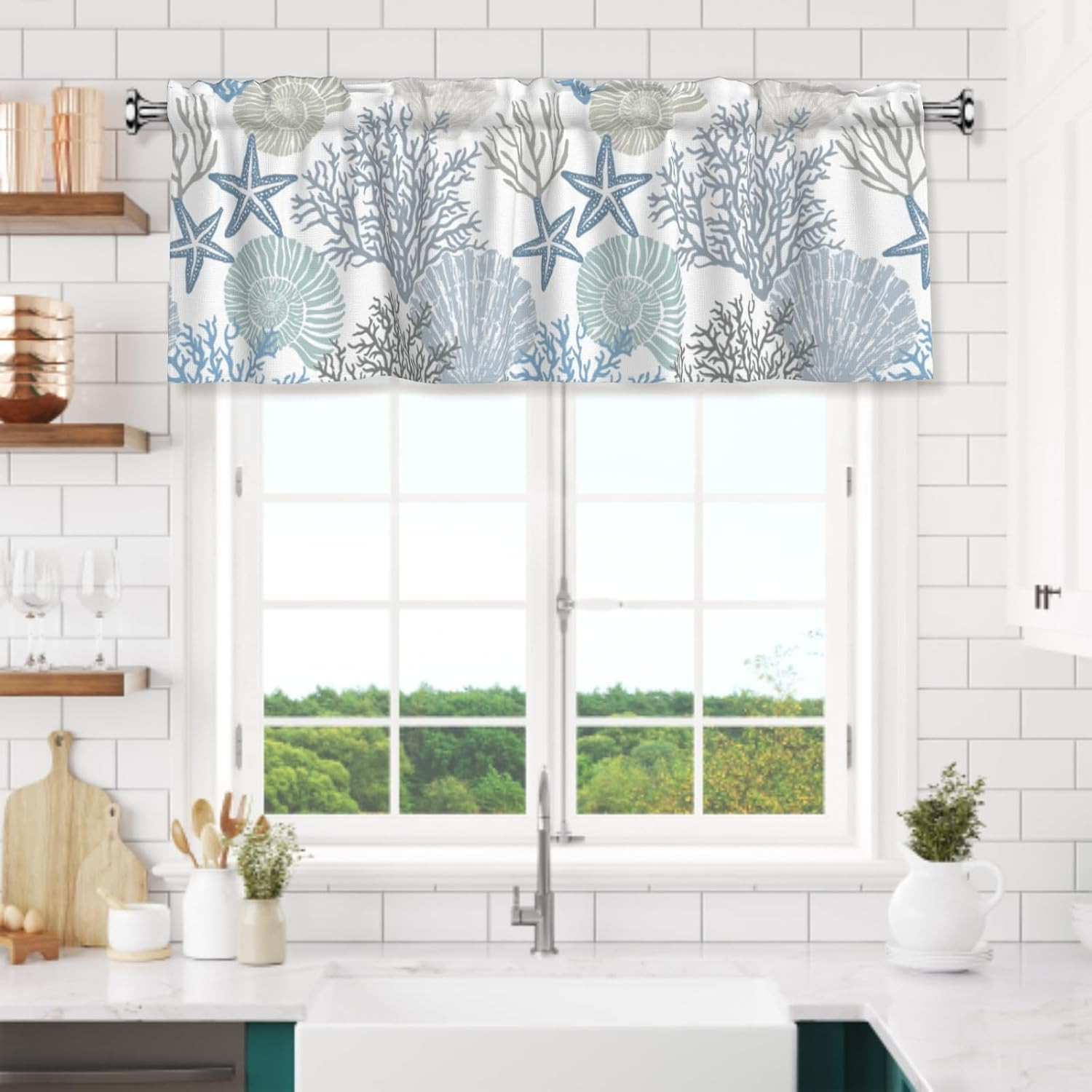 54″X18″ Coastal Window Valances Blue Ocean Coral Starfish Seashell Kitchen Rod