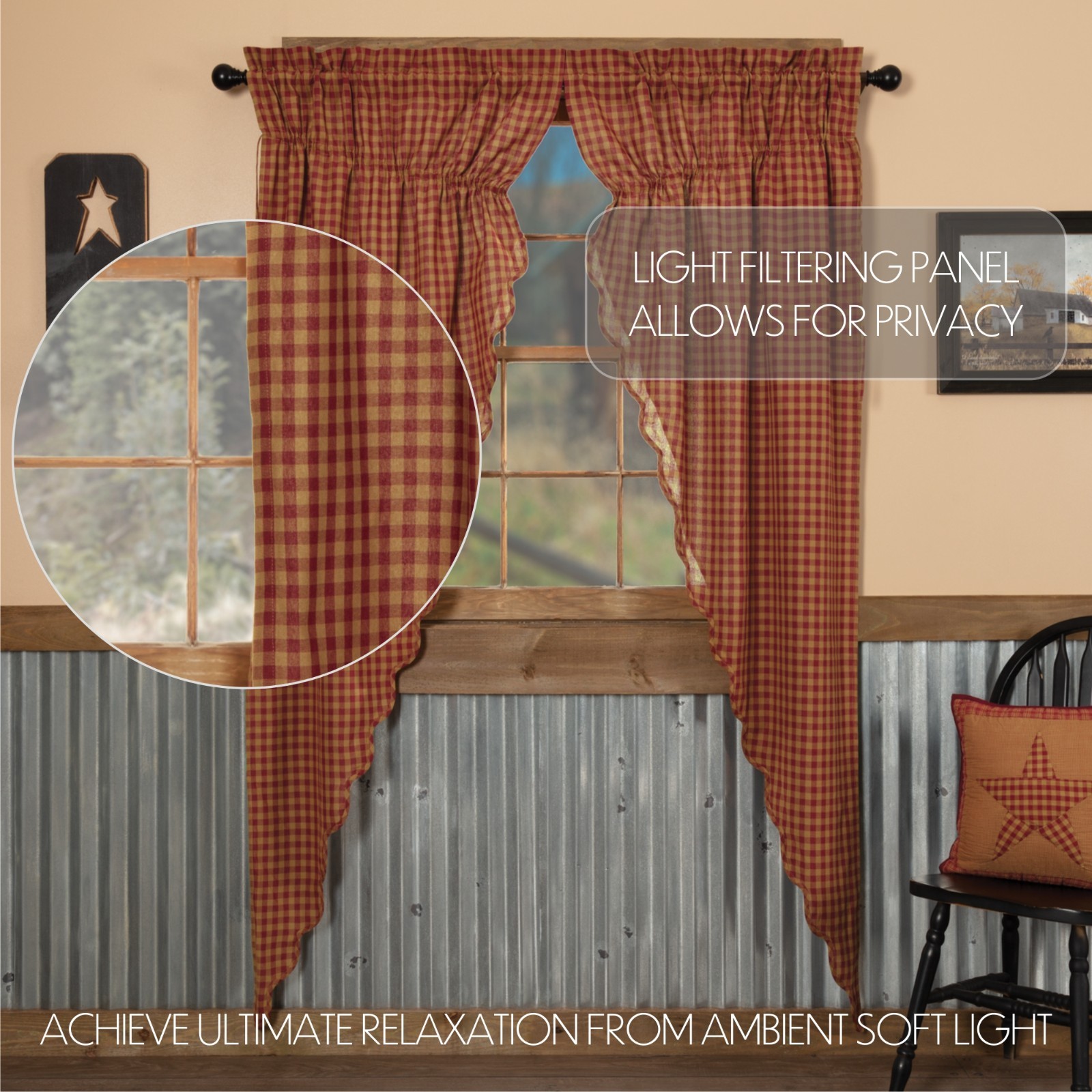Burgundy Tan Check Scalloped Lined Country Gathered Long Prairie Curtains