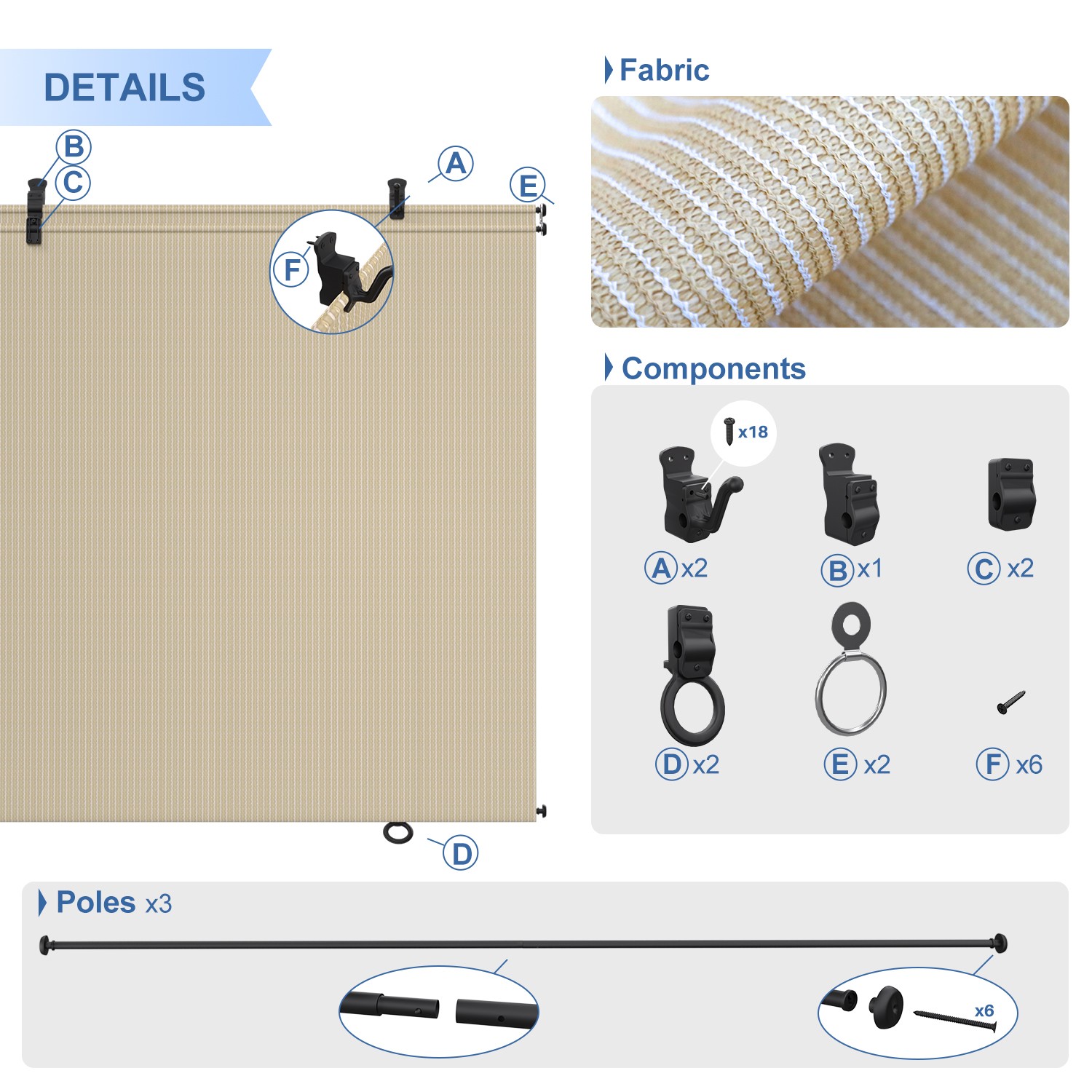 Beige 4-8ft Foldable Shade Cordless Roller Blinds Anti-UV for Patio Pergola Deck