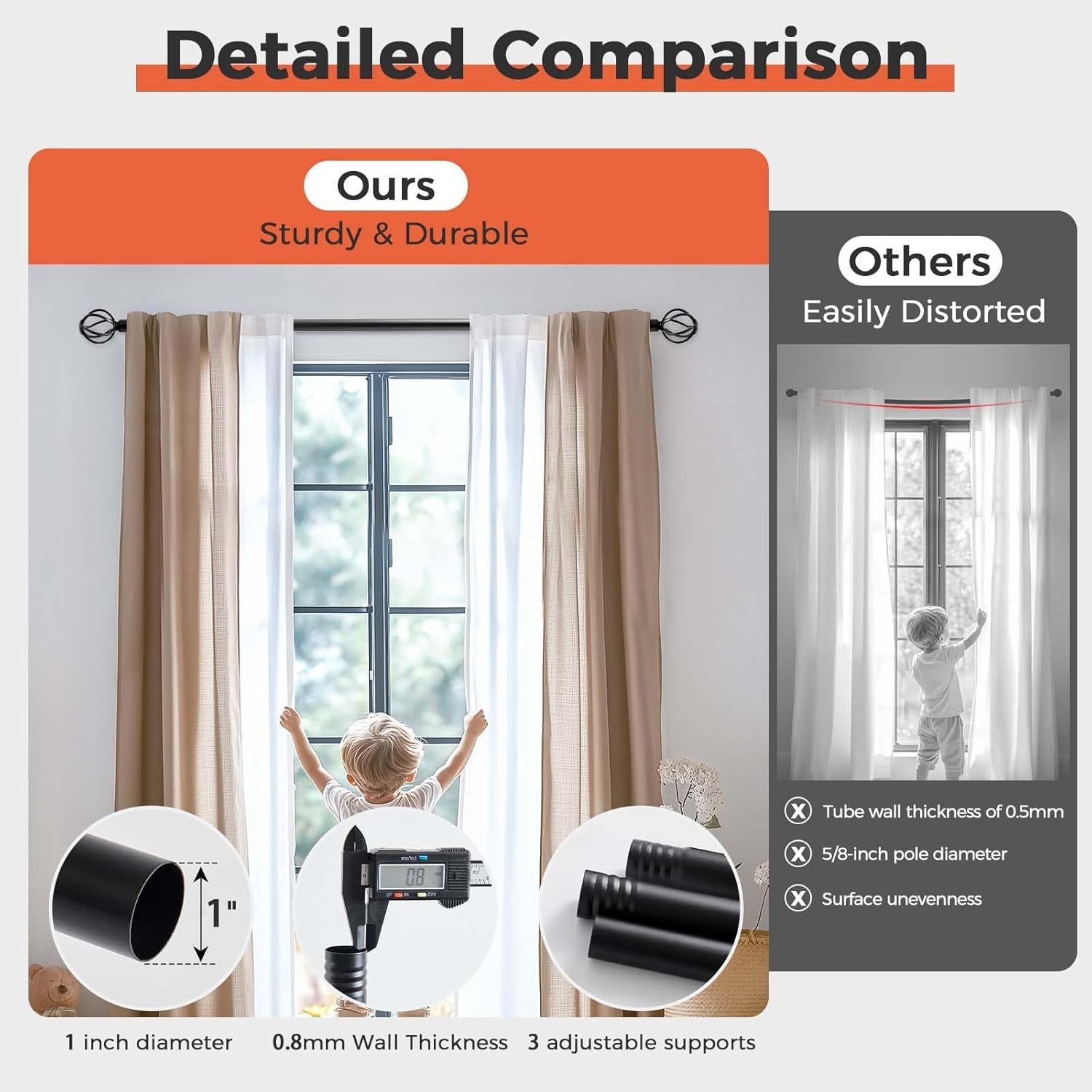 Black Curtain Rods 1 Inch Diameter Heavy Duty Adjustable 36-88″ Outdoor