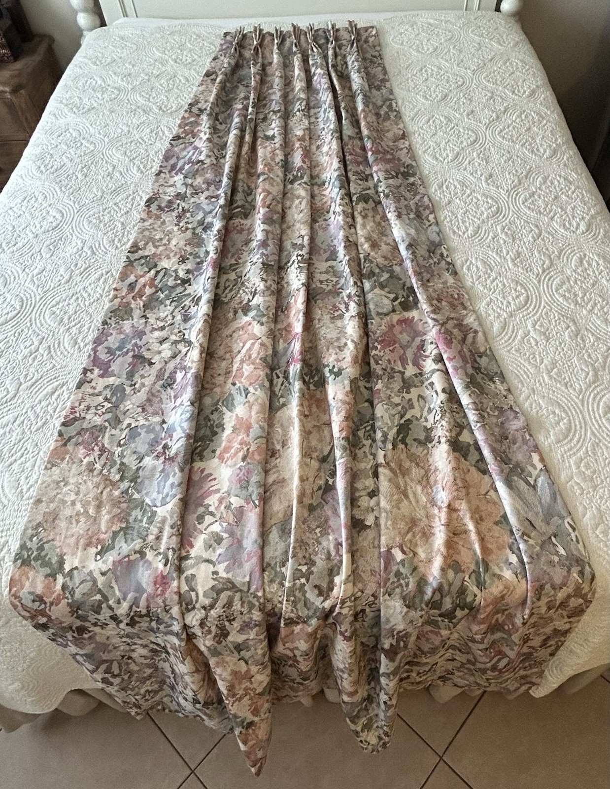 Custom Damask Drapery Curtain Panels Pair Pleated Lined 88”L “Watercolors”