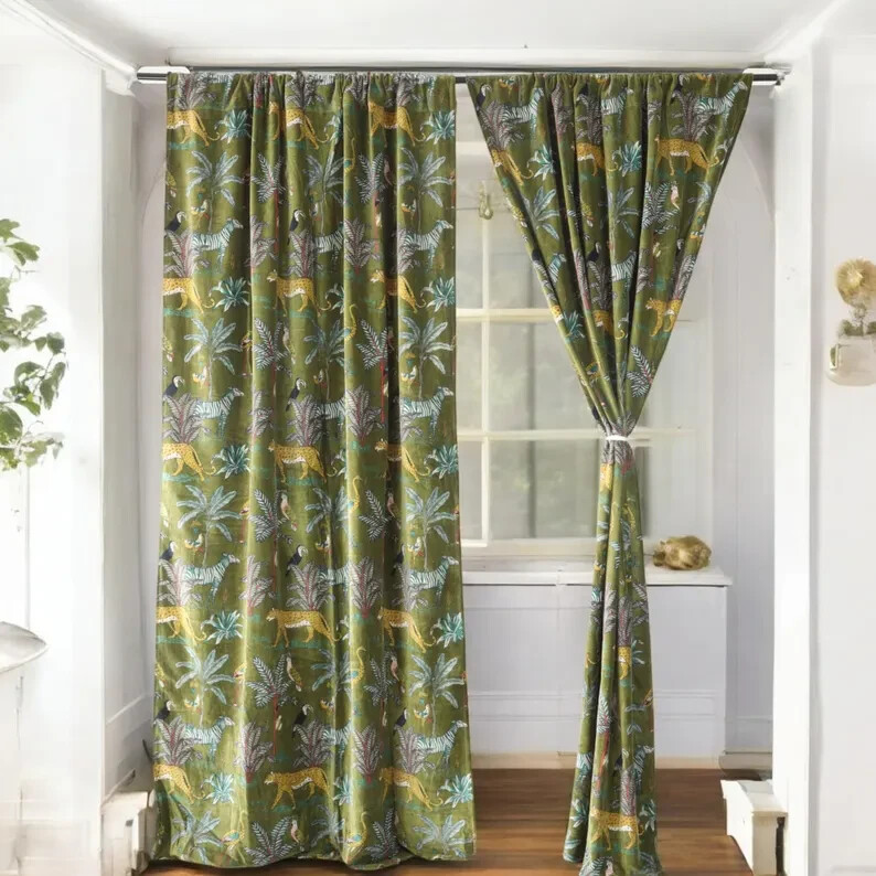 Green Velvet Curtain Drape Window Decor Door Curtain Blackout Luxury Curtain