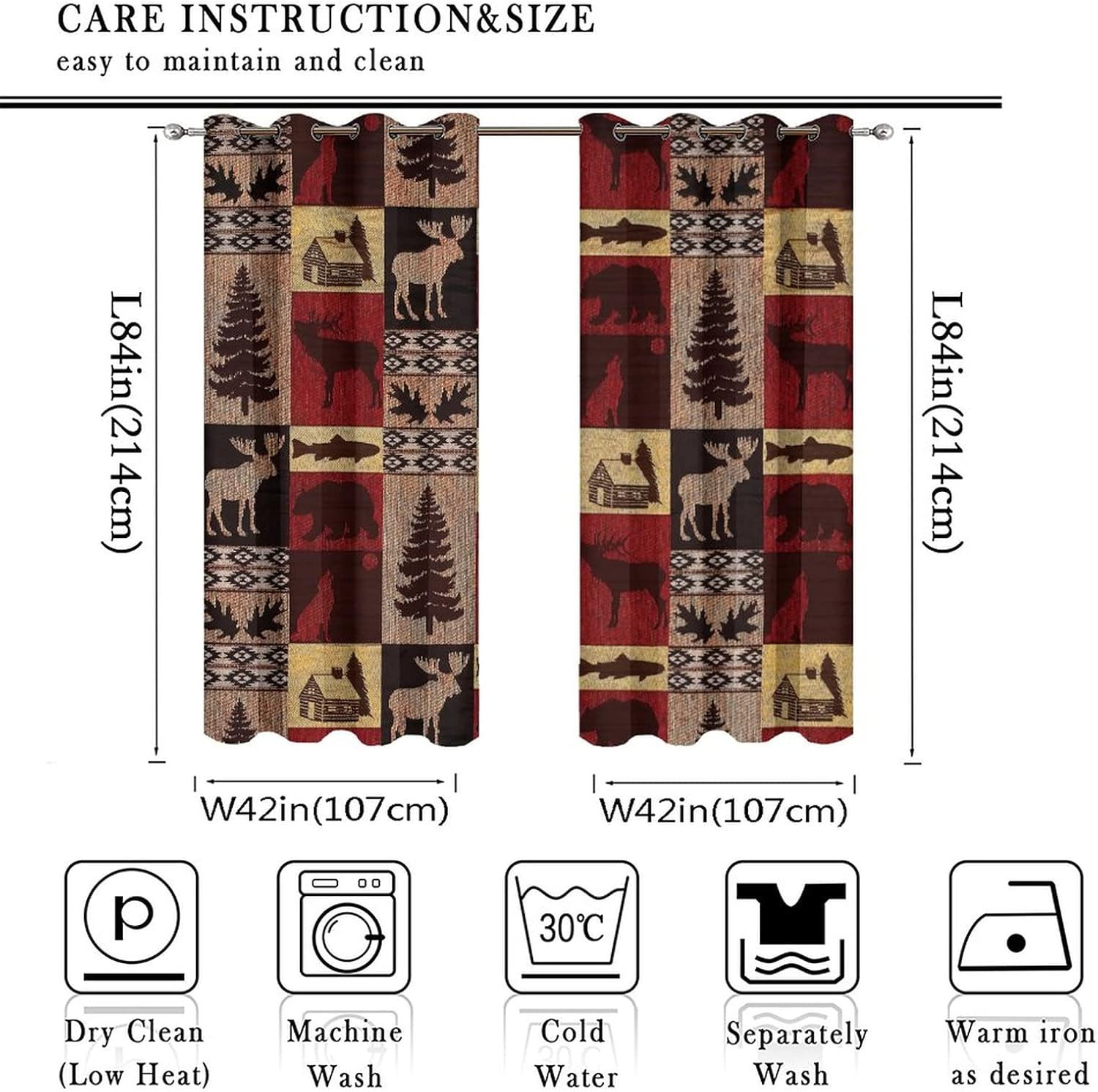 Rustic Cabin Blackout Curtains, Moose Bear Elk Plaid, 2 Panels 84×42