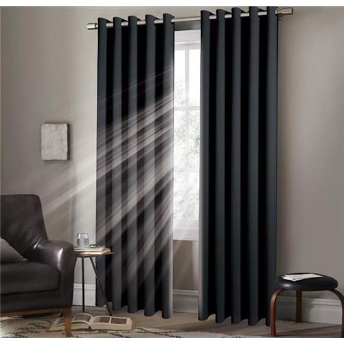 EYELET Black Ring Top Plain Thermal BLACKOUT LINED Curtains with Tie Backs