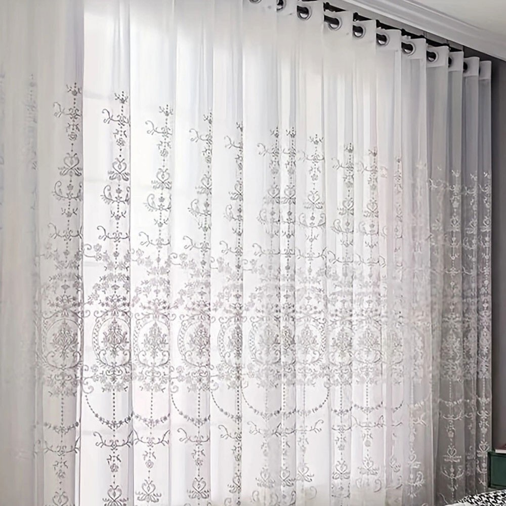White Embroidery Floral Sheer Curtains Voile Drapes Panels Grommet Top Bedroom