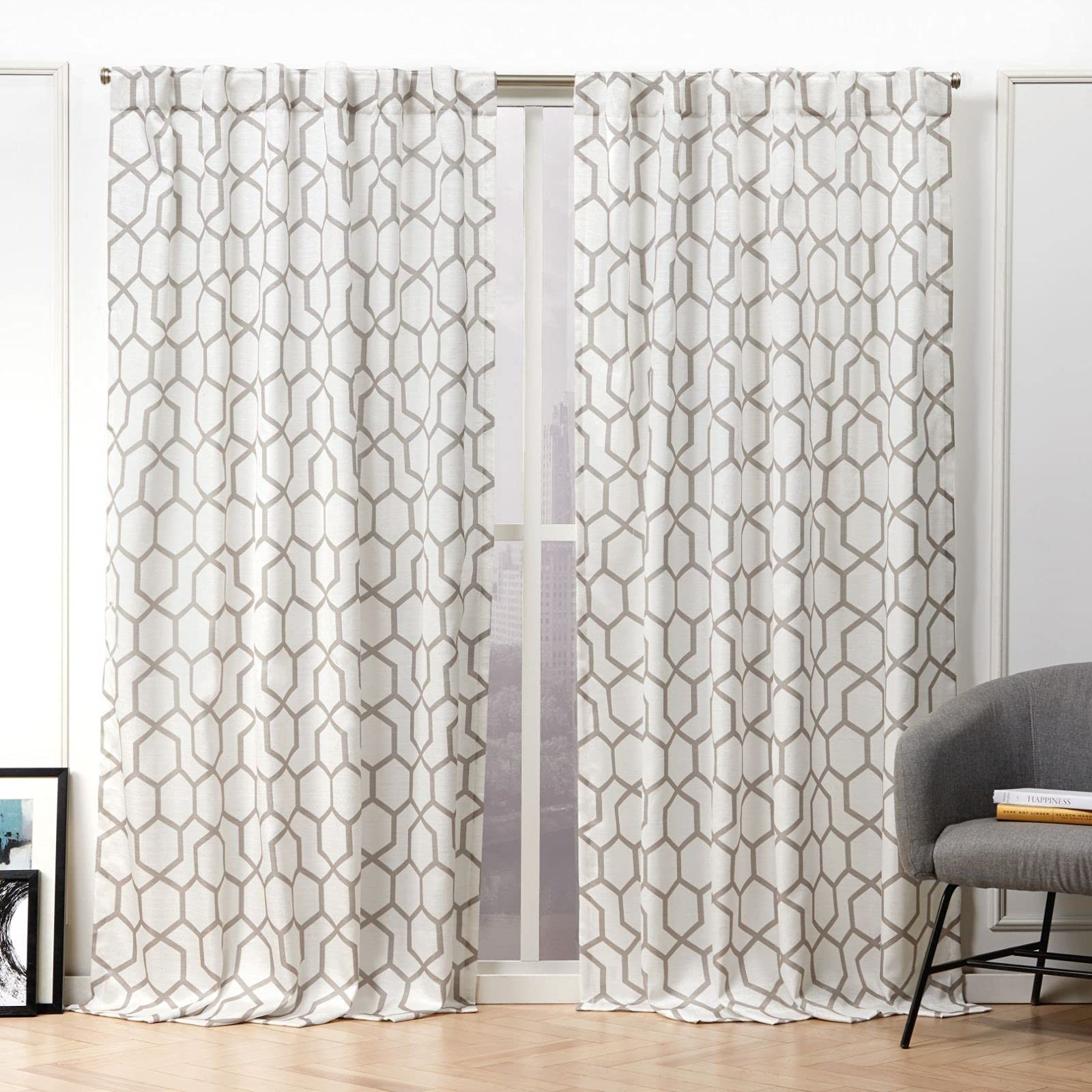 Hexa Geometric Print Light Filtering Curtain Panels, 54″x108″, Natural, 2-Pack