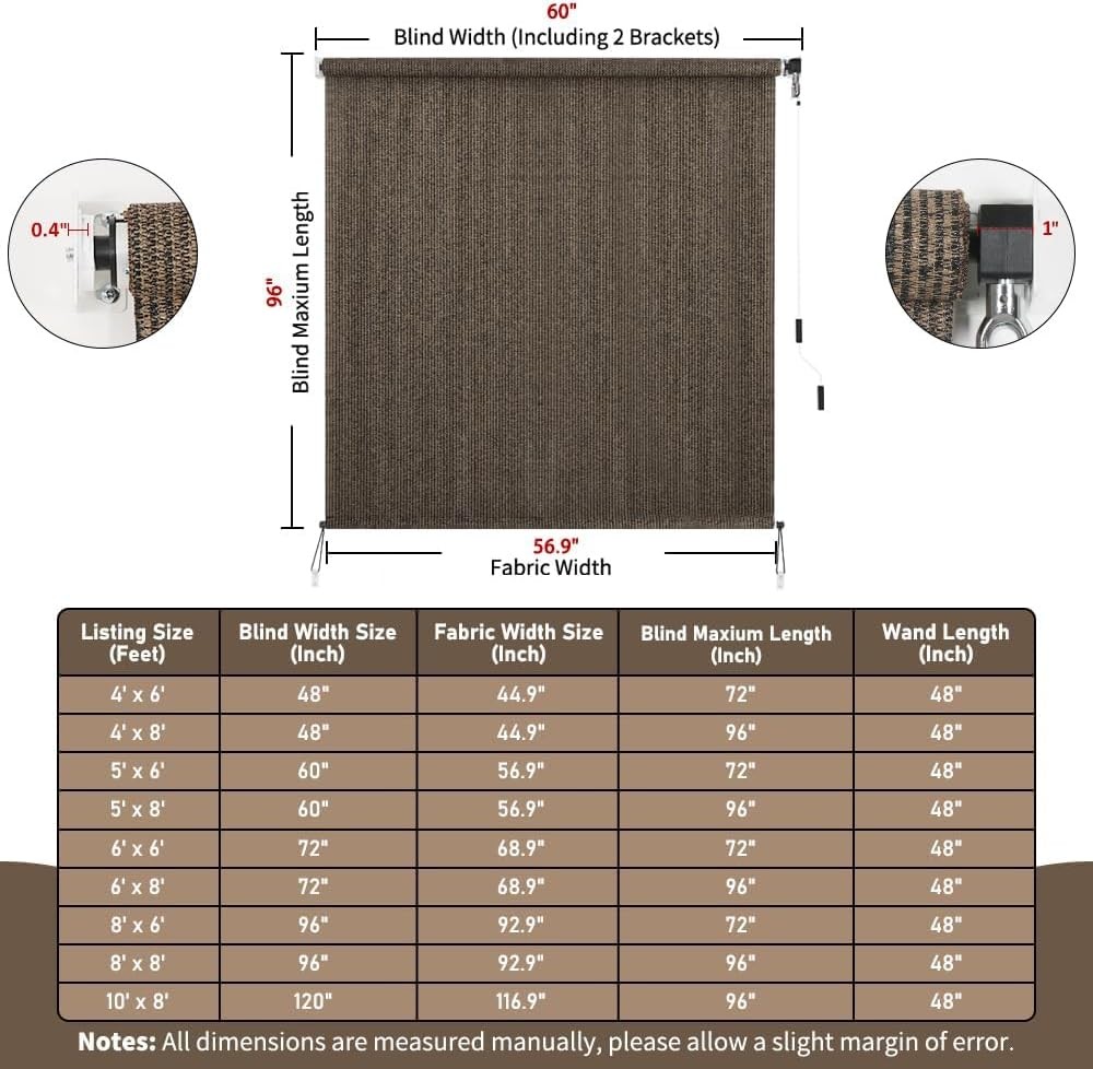 Outdoor Roller Shade 5′ W x 8′ L Cordless Patio Shades Roll Up Outdoors Blinds