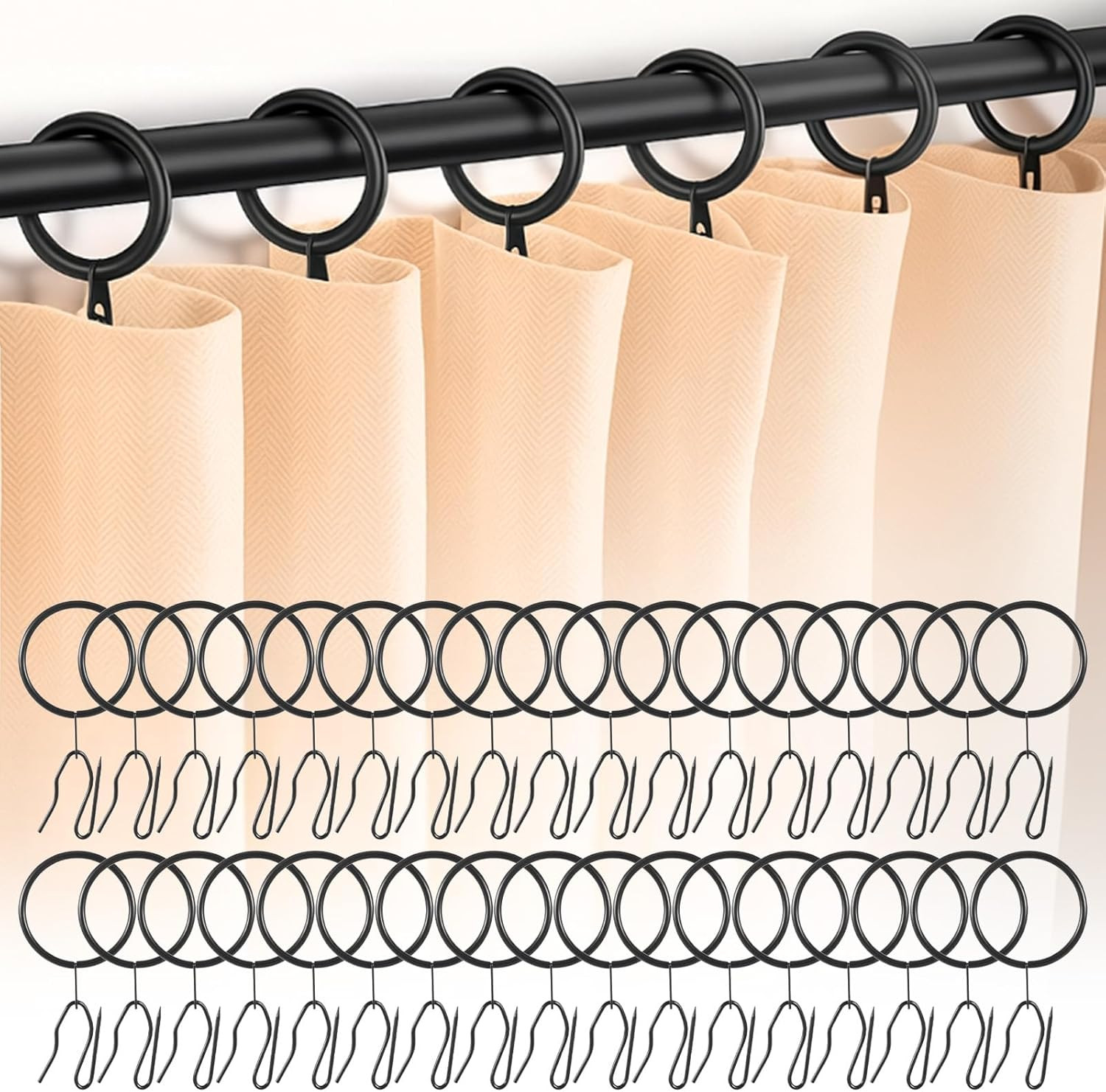100-Piece Metal Drapery Curtain Rings with Eyelets and 100 Pin Hooks Black