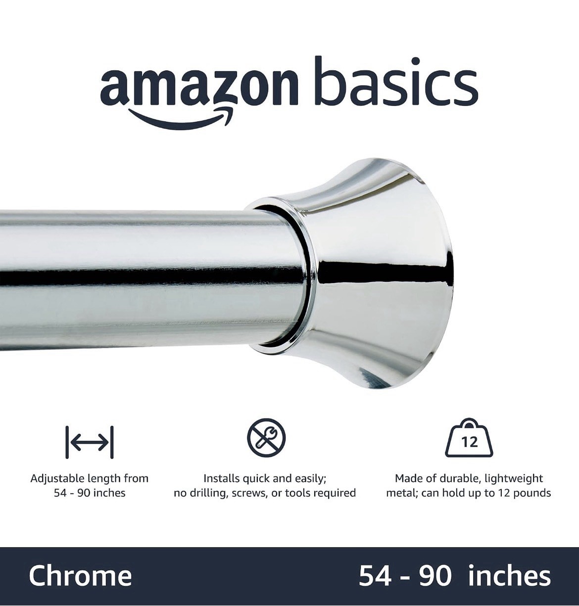 No Drill Spring Tension Curtain Rod, Adjustable 54-90″ Width, Chrome, Classic Fi
