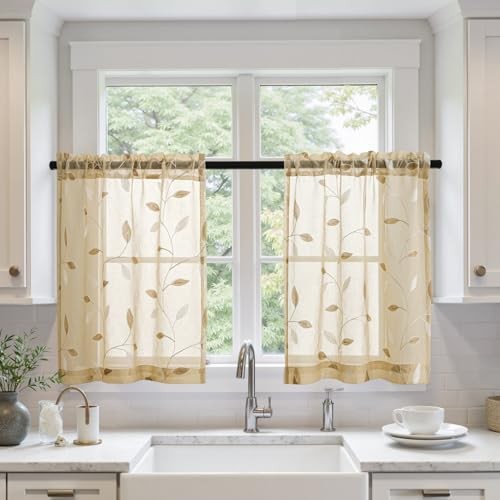 Sheer Curtains 2 Panels Embroidered Leaf 30″W x 36″L (Pack of 2) Beige