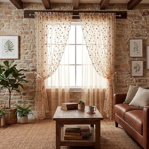 Gilprop Floral Sheer Curtains for Window Champagne Embroidery 52 x 96 Inches