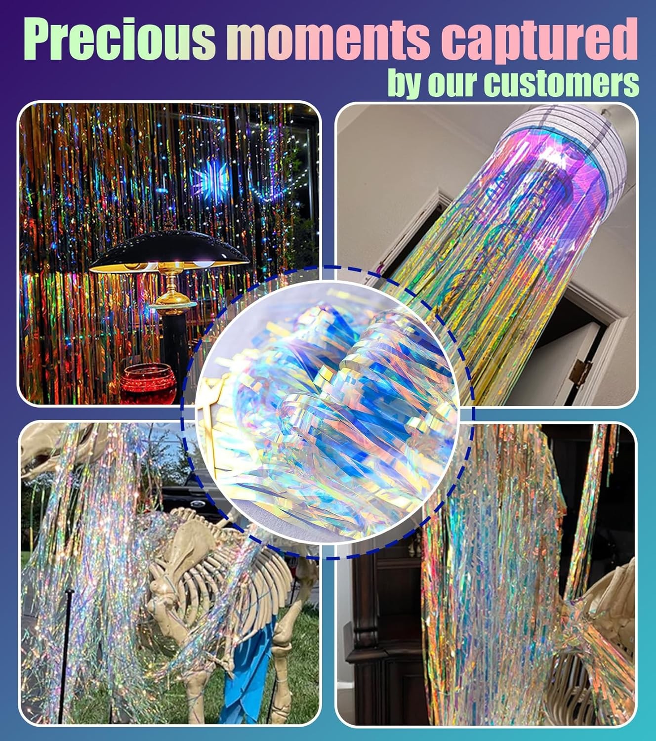 Gorgeous Iridescent Fringe Tinsel Streamers, 2 Pack of 3.3X 3.3 ft Neon