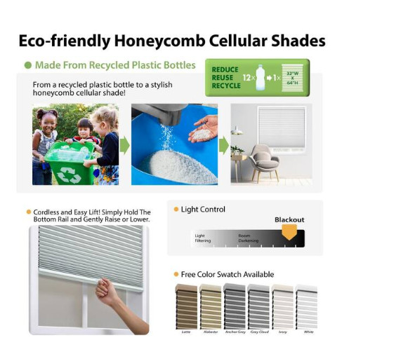 White Cordless Light Filtering Eco Polyester Cellular Shades – 26 in. W x 54 in.