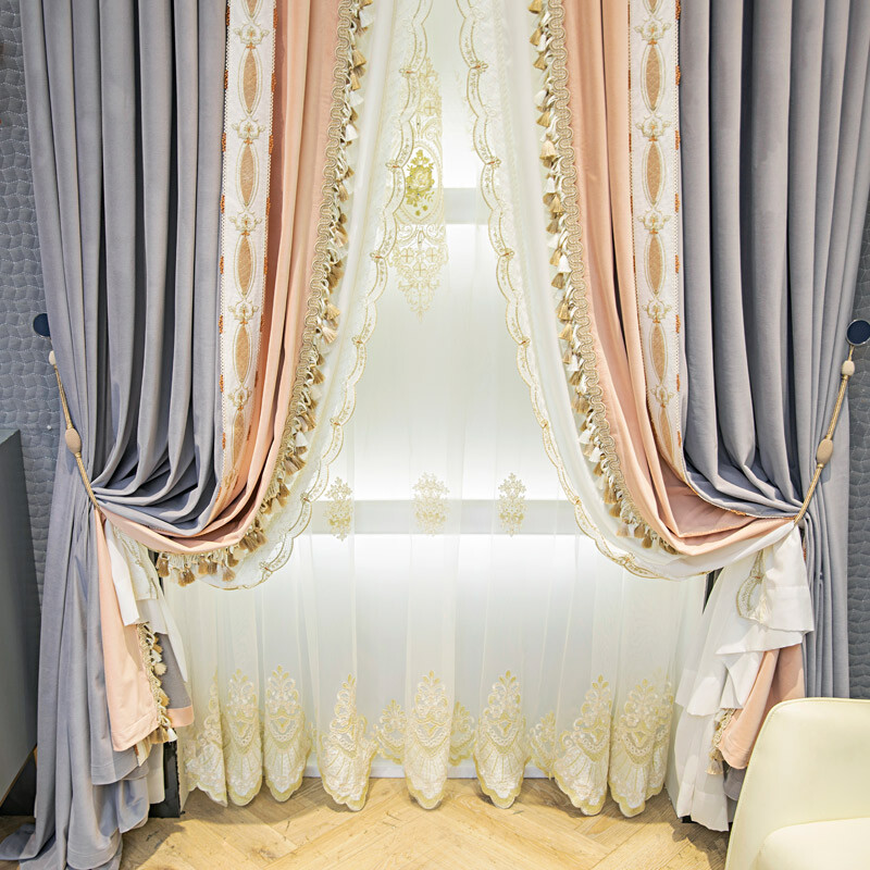 French pink gray patchwork velvet cloth blackout curtain tulle panel drape C1260