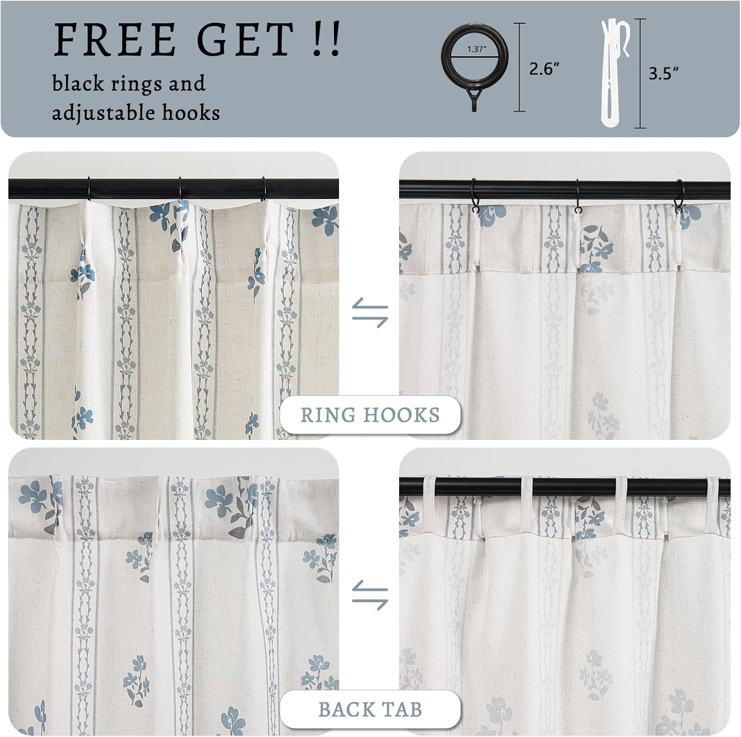 Blue Grey Pinch Pleated Floral Curtains 96 Inches Long for Living Dining Room Pi