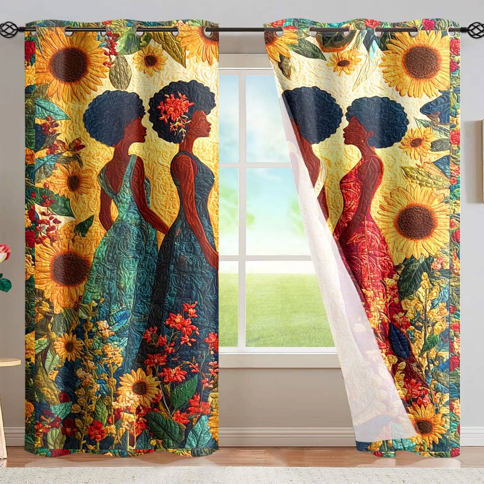 Black Girl Art Sunflower Curtains, Afro Boho Drapes African American Home Decor