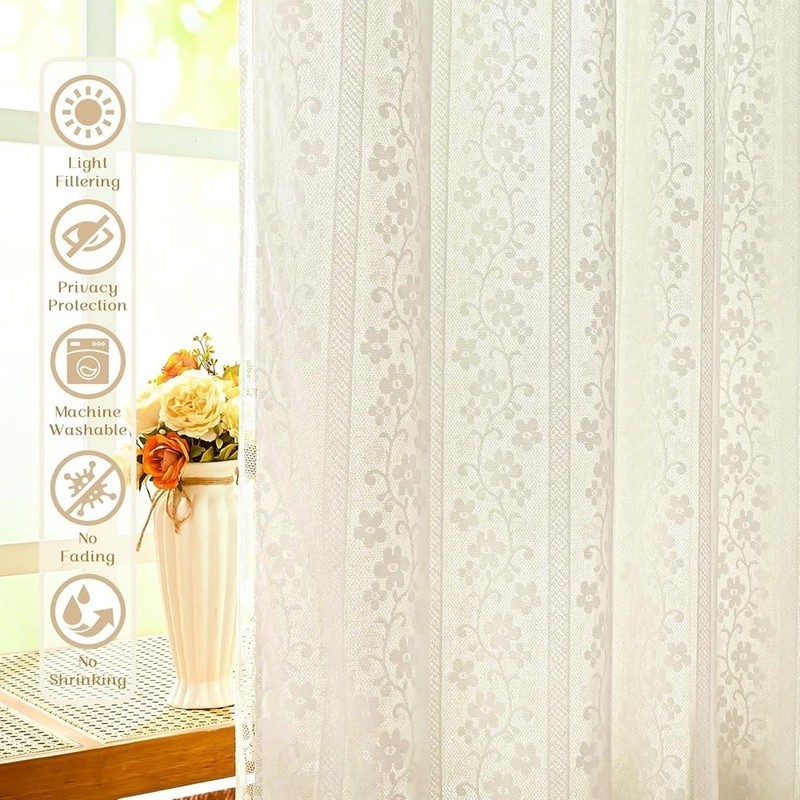 Double Layered Lace Linen Kitchen Curtains Light Filtering Window Treatment Set