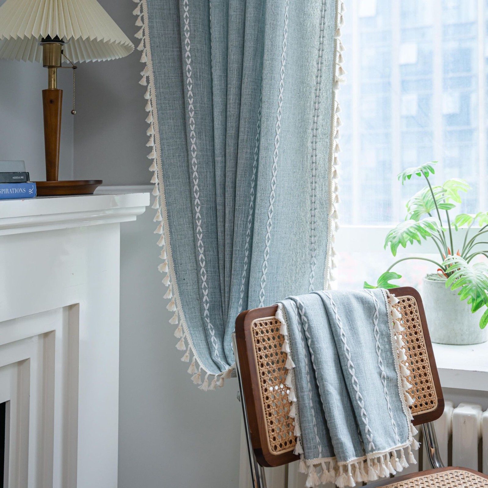 Rustic Striped Embroidered Curtain Window Drapes Panel Farmhouse Boho Home Decor