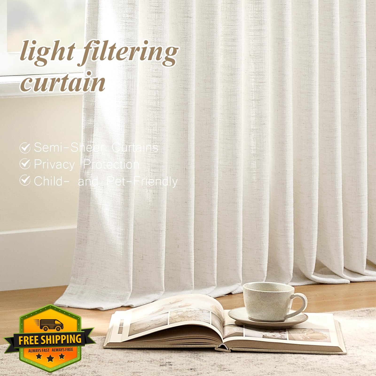 AUSSPVOCT Beige White 40″W x 96″L Linen Curtains 2pk
