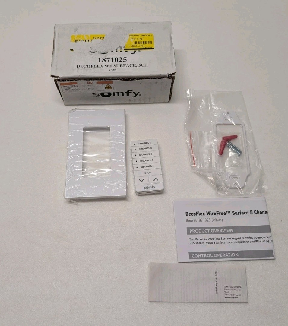 Somfy Decoflex WF Surface Mount 5ch RTS Remote Keypad White -Shades, Blinds, Etc