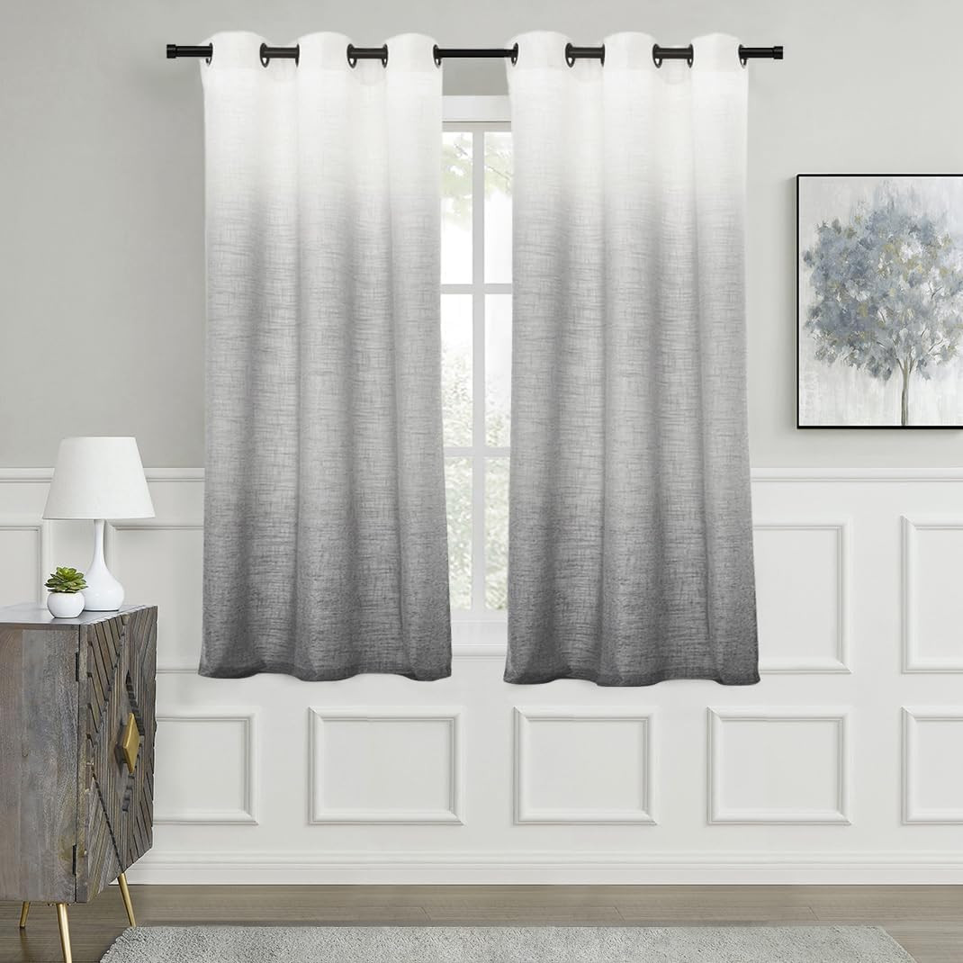 Ombre Window Curtain Panel Linen Gradient Print on Rayon Blend Fabric Drapery Tr