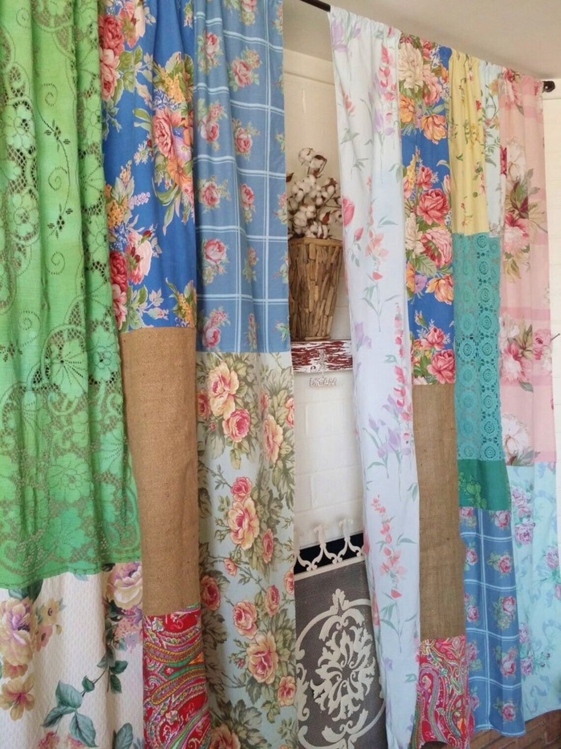 2 Pcs Indian Sari Patchwork Curtain Drape Window Decor Multi Silk Sari Curtain