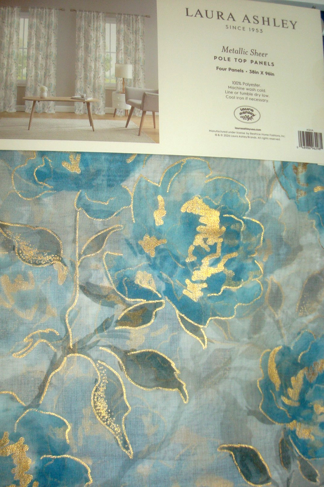 NWT Laura Ashley 4 pc Curtains Metallic Floral Sheer Aqua Gold each 38 x 96″ lg