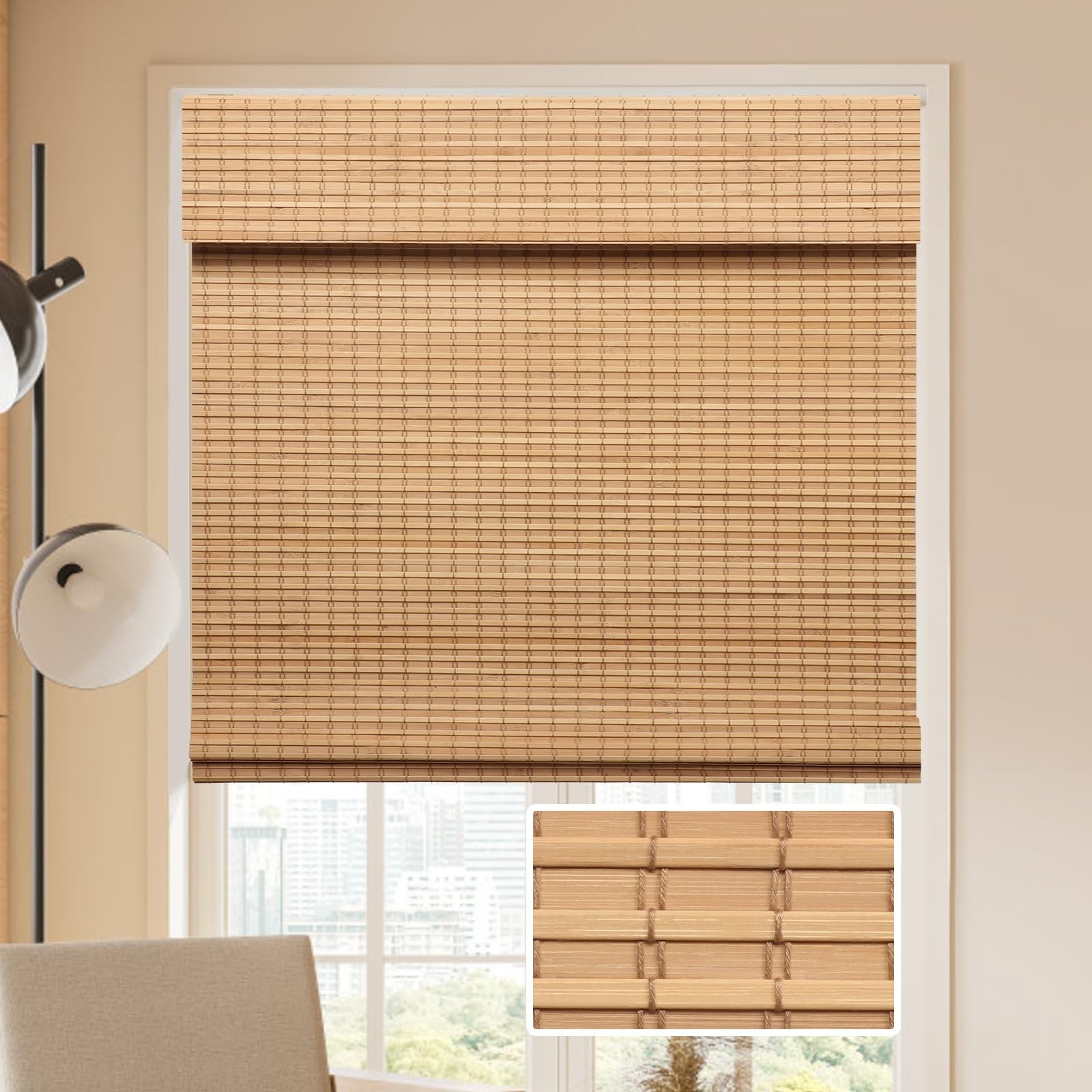 LazBlinds No Tools No Drill Cordless Bamboo Roman Shades, 20” W x 64” H