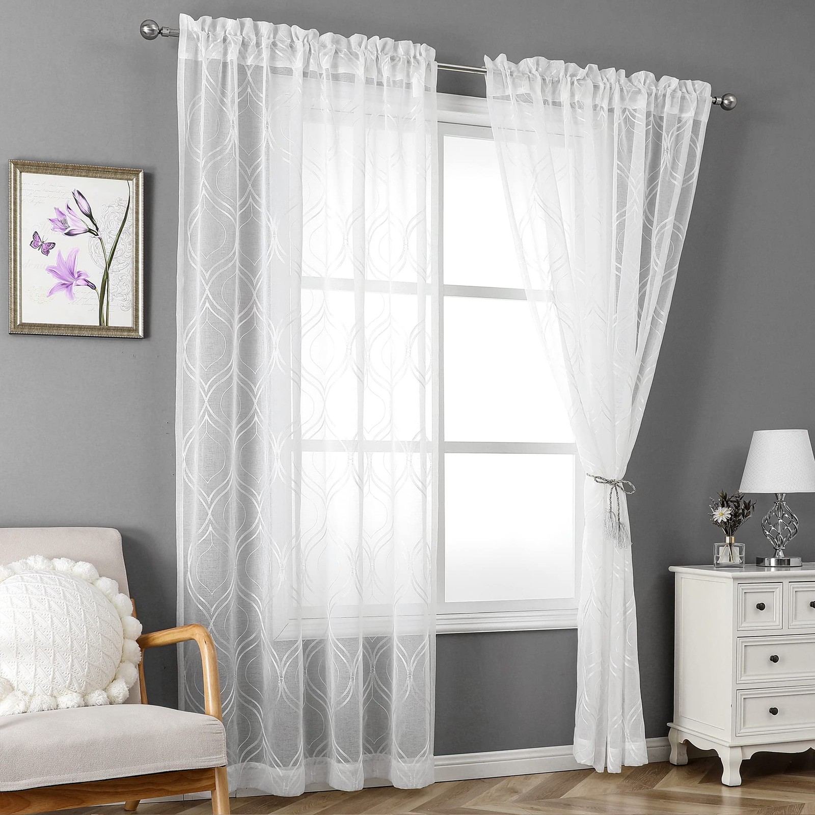 White Sheer Curtains 84 Inches Long 2 Panels, Light Filtering Moroccan Trelli…