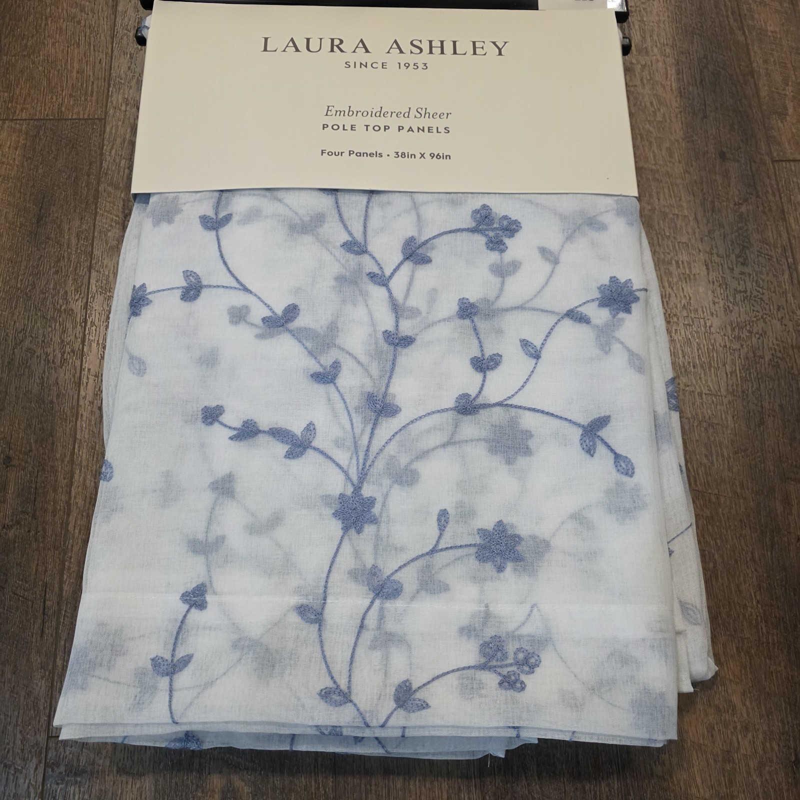 Laura Ashley Sheer Curtains Set of 4 38×96 Blue Floral Embroidered Panels