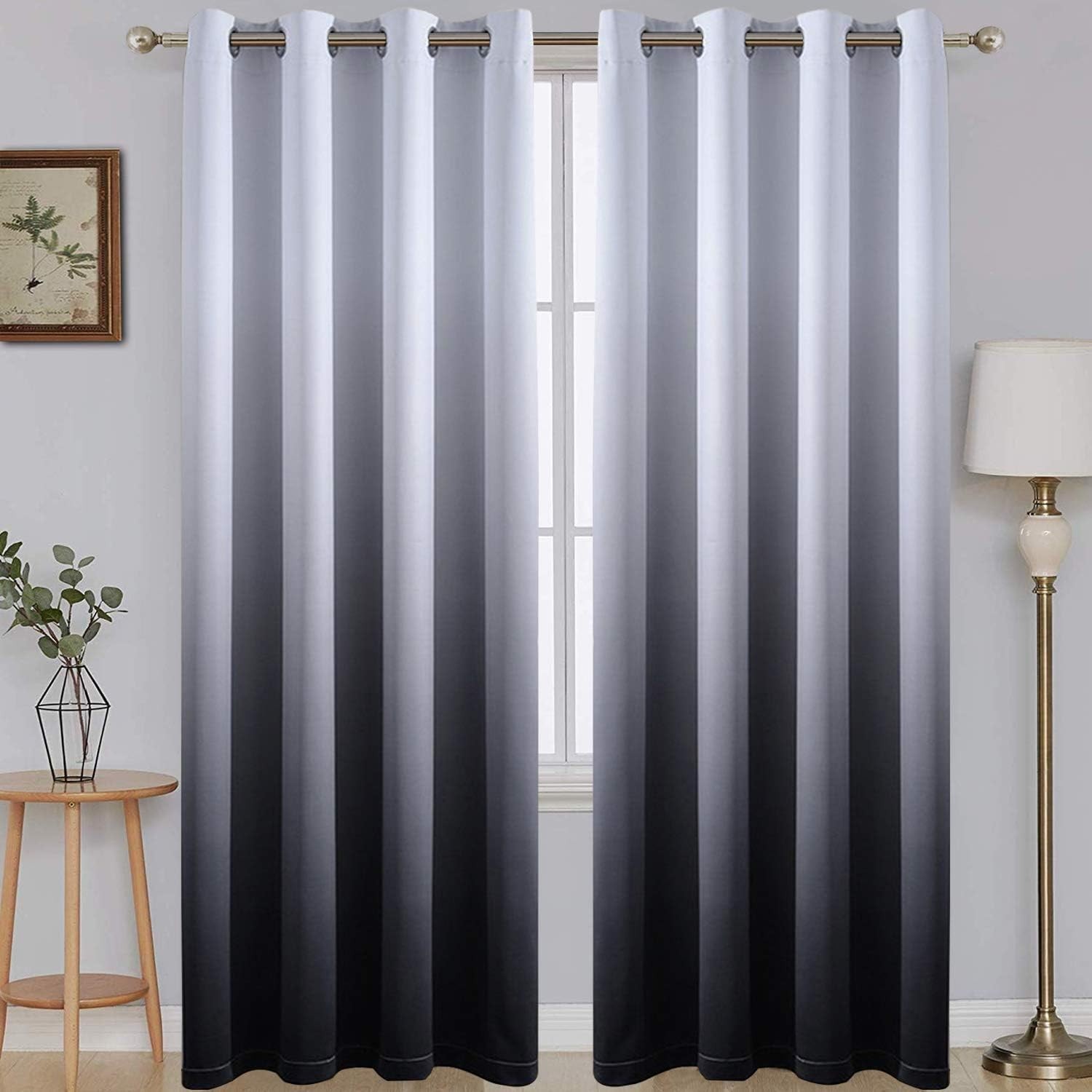 Ombre Gradient Black White to Gray Curtains for Bedroom,52Wx84L
