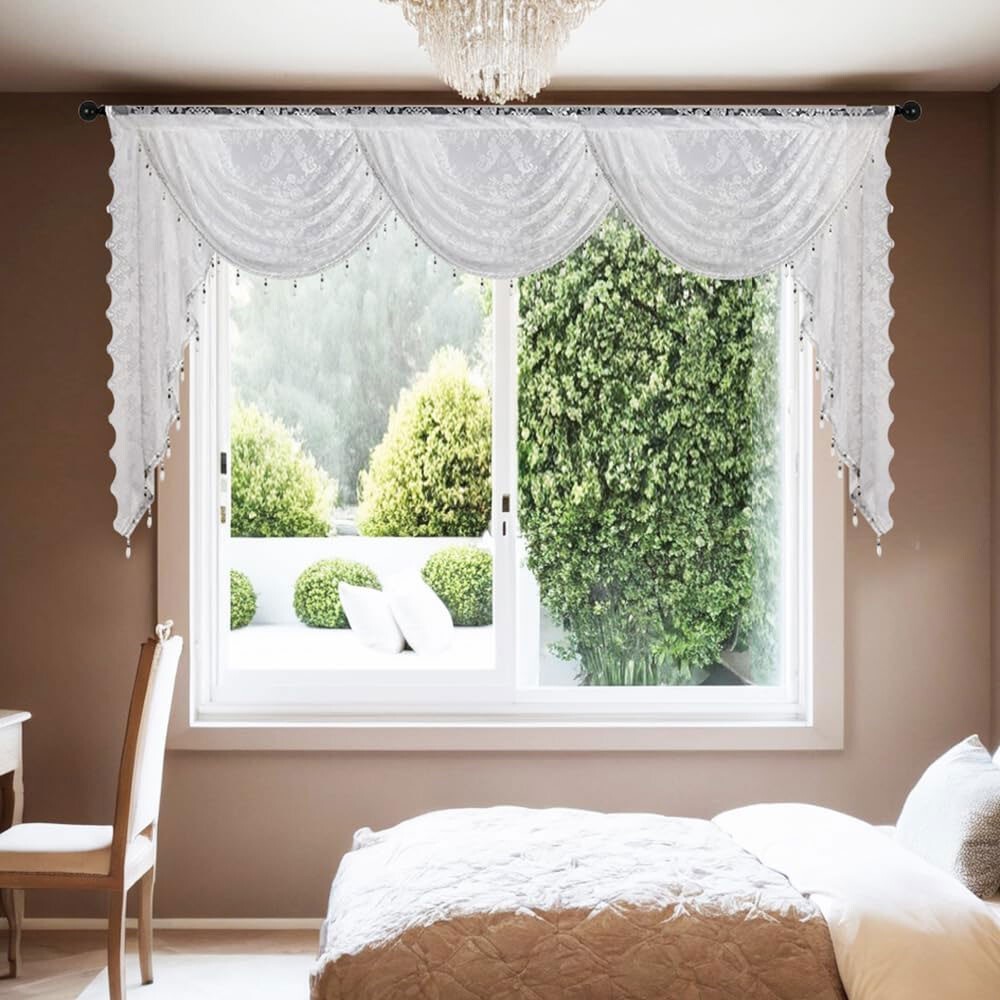 Vintage Embroidered Waterfall Lace Window Curtain Swag Valance with Bead Tassels