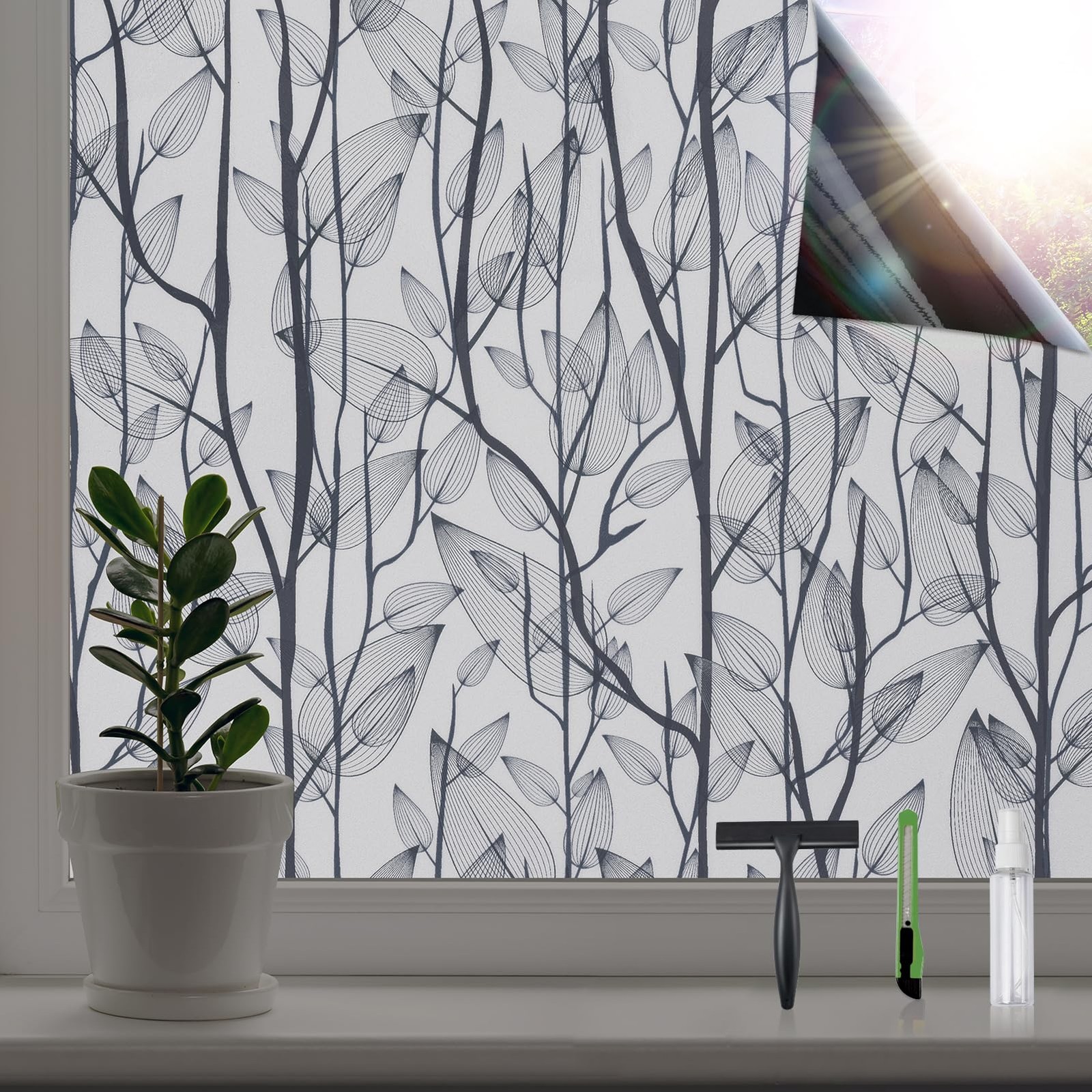 Leaf Pattern Window Tint with Installation Tools, Blackout Window Cover, Sun Blo