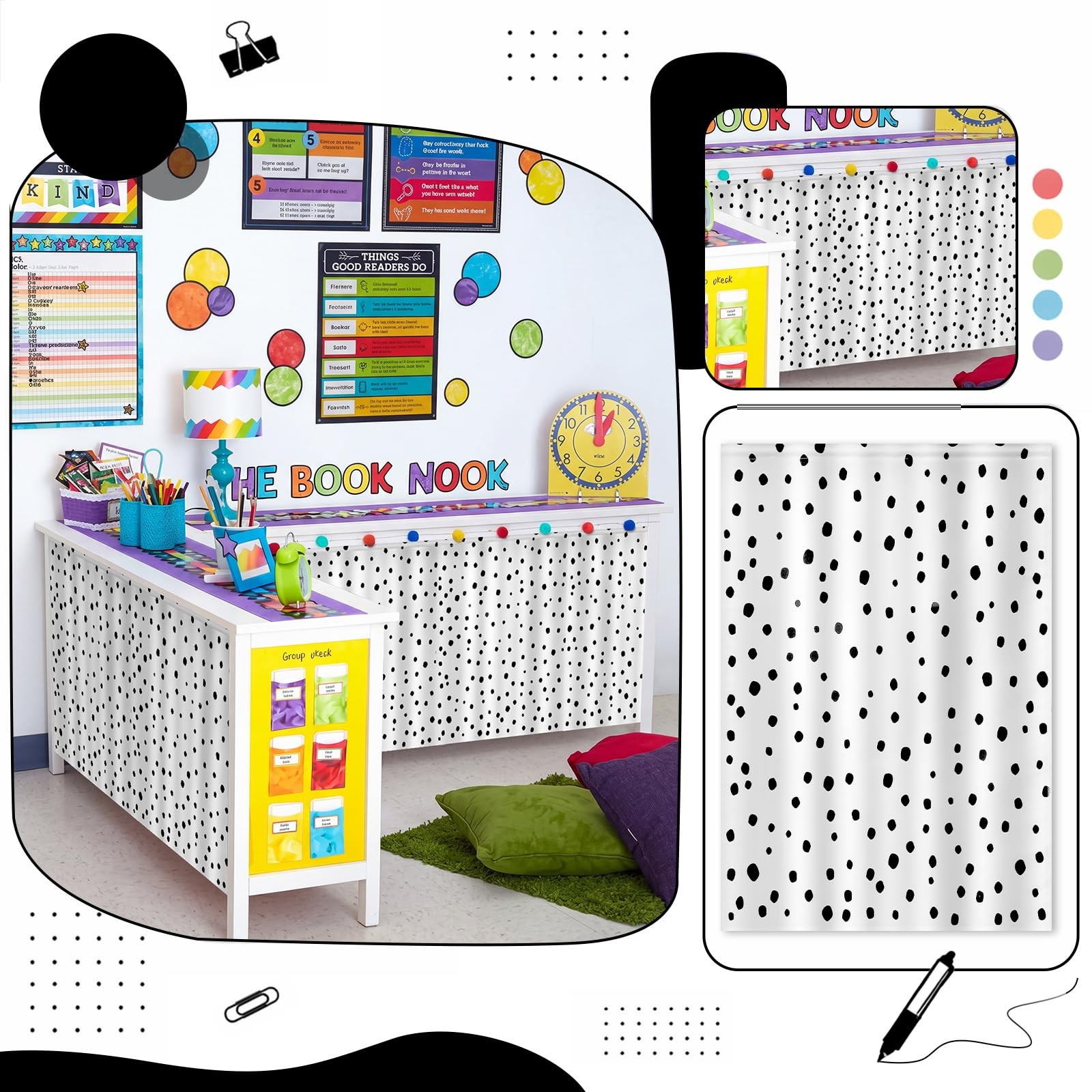 6 Pcs Black Polka Dot Classroom Curtains Reading Corner Decor Back to Reading…