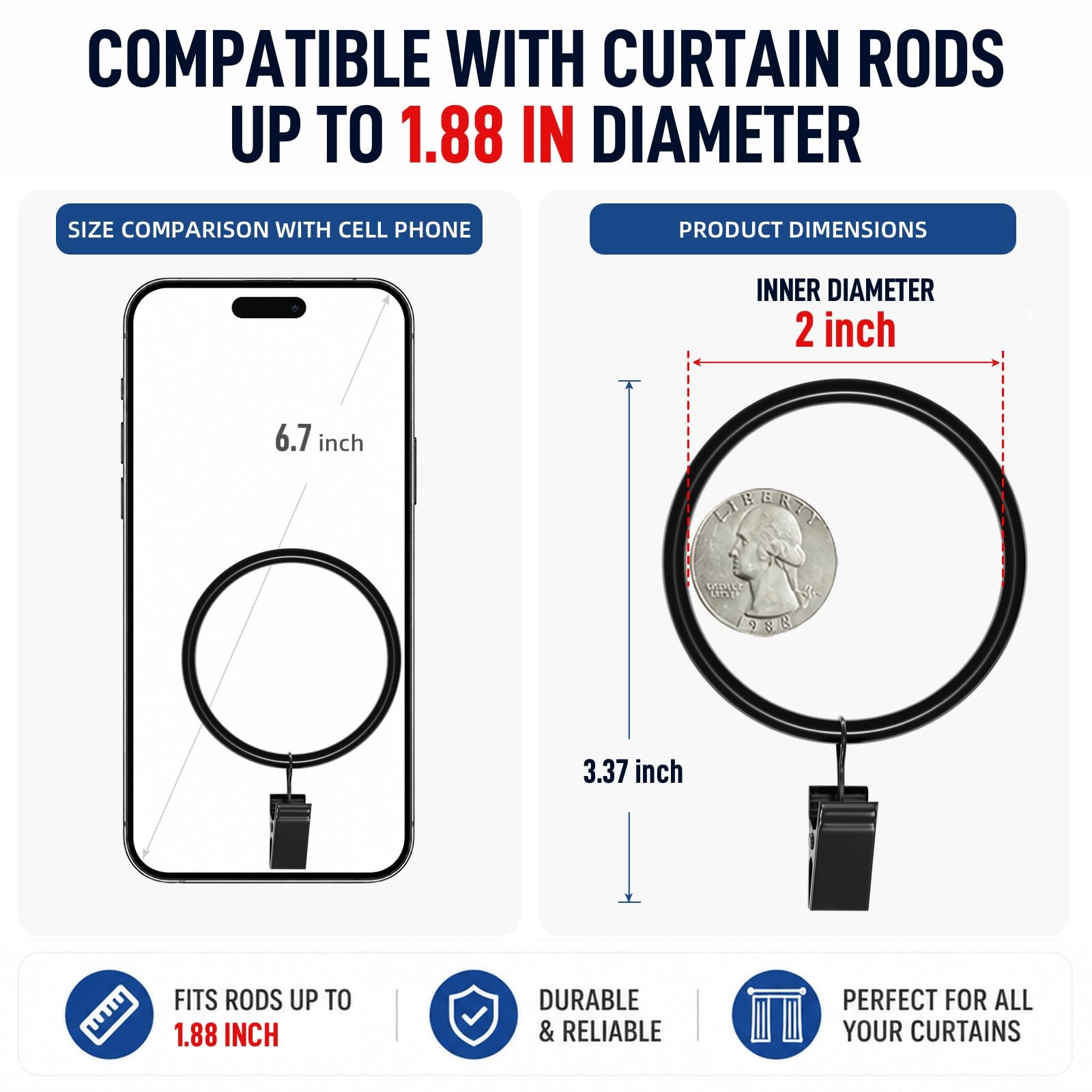 44 Pack Curtain Rings with Clips Hooks 2 in Diameter Rustproof